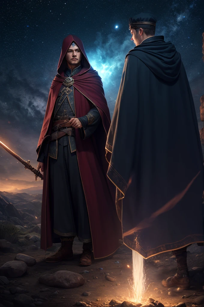 Mage and Wizard, long cloak, cap, Dark background, Stars, detailed photo, cinematic angle, 8K