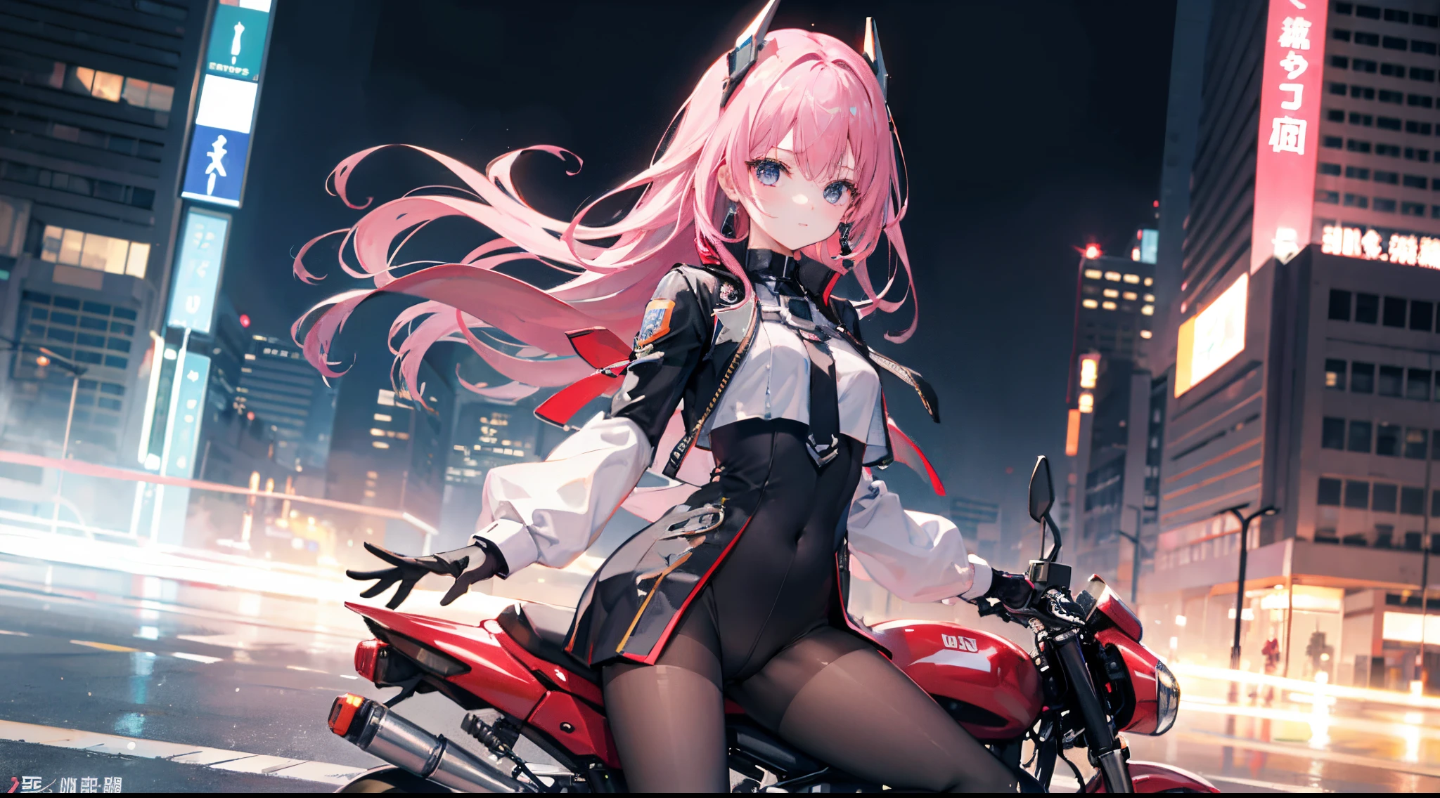 mitsukasa ayas,Highest image quality, excellent detail, 超高分辨率, (Fidelity: 1.4), The best illustrations, Offer details, Highly concentrated 1girl, Has a delicate and beautiful face, Dressed in a black and white mech, wearing a mech helmet, holding direction controller, riding motorcycles, The background is a high-tech light scene of the future city.urban backdrop,black pantyhoses