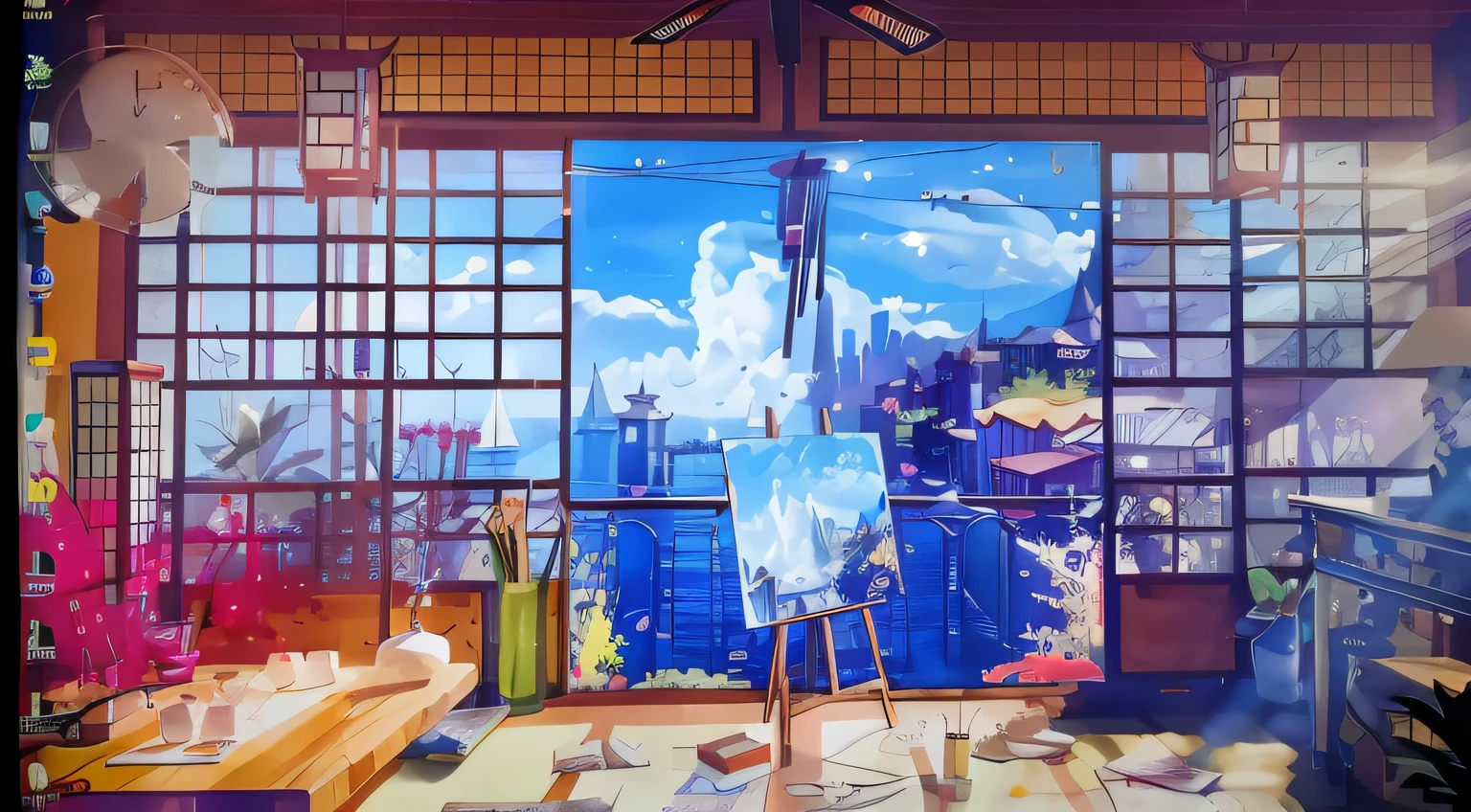 There is a painting on an easel in a room with windows, Anime background art, Anime landscapes, anime backgrounds, Anime art wallpaper 4k, Anime art wallpaper 4k, detailed painting 4 k, Anime landscape concept art, beautiful anime scenery, Anime art wallpaper 8 K, Anime landscapes, Colorful anime movie background, Anime style 4k, Anime Paintings