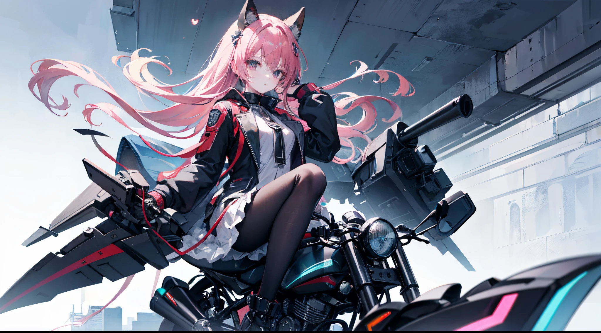mitsukasa ayas，Highest image quality, excellent detail, 超高分辨率, (Fidelity: 1.4), The best illustrations, Offer details, Highly concentrated 1girl, Has a delicate and beautiful face, Dressed in a black and white mech, wearing a mech helmet, holding direction controller, riding motorcycles, The background is a high-tech light scene of the future city.urban backdrop，black pantyhoses