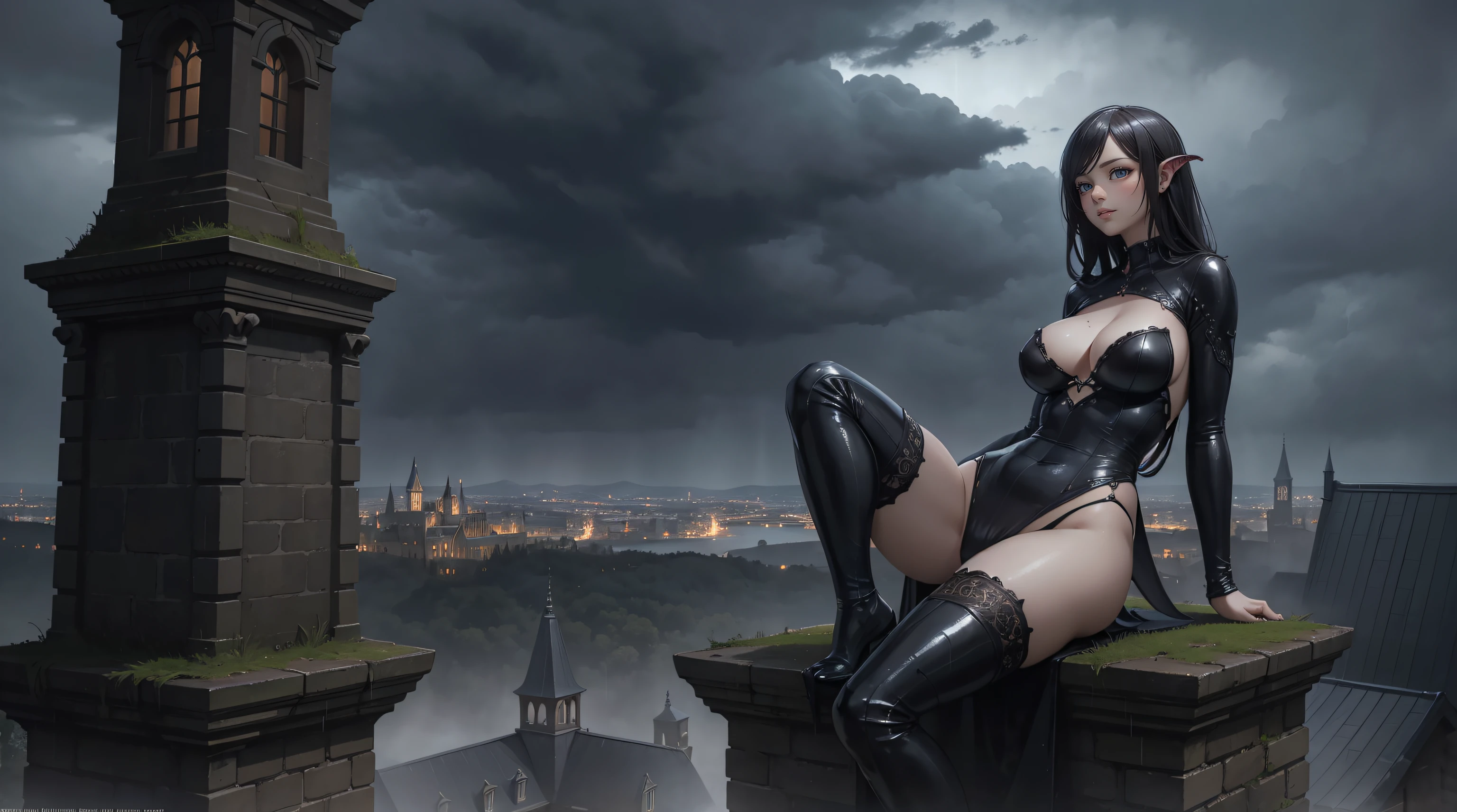(masterpiece, best quality, ultra-detailed, photorealistic), 1 girl, curvaceous but slender body, succubus, perching on top of a castle spire, heavy rain, stormy night, dramatic, ominous, natural lighting
