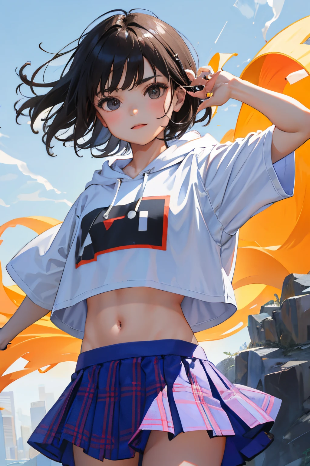 (child:1.2),(masterpiece,Highest Quality),Short sleeve hoodie,Crop Top Look,plaid skirts,A dark-haired,The wind is blowing