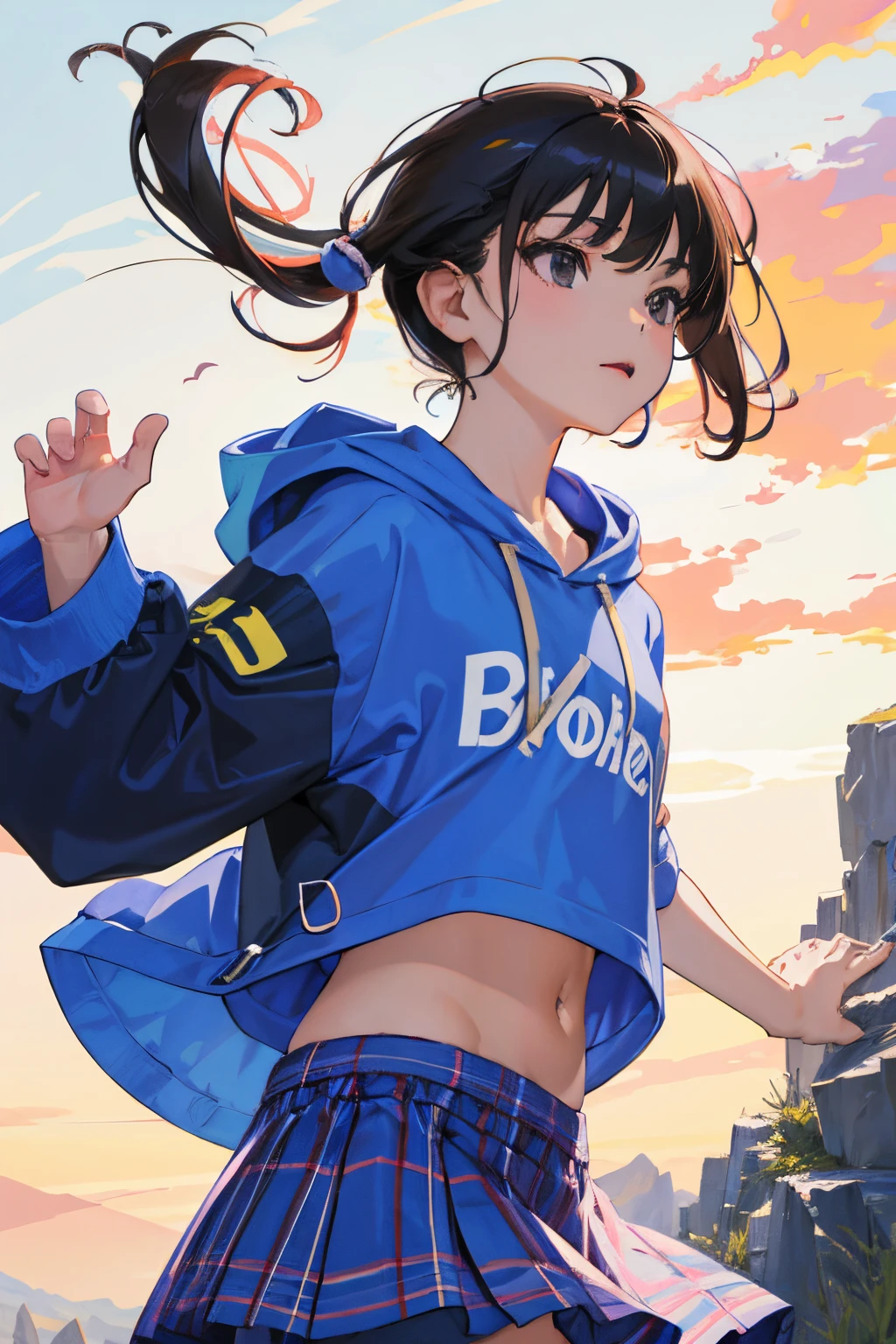 (child:1.2),(masterpiece,Highest Quality),Short sleeve hoodie,Crop Top Look,plaid skirts,A dark-haired,The wind is blowing