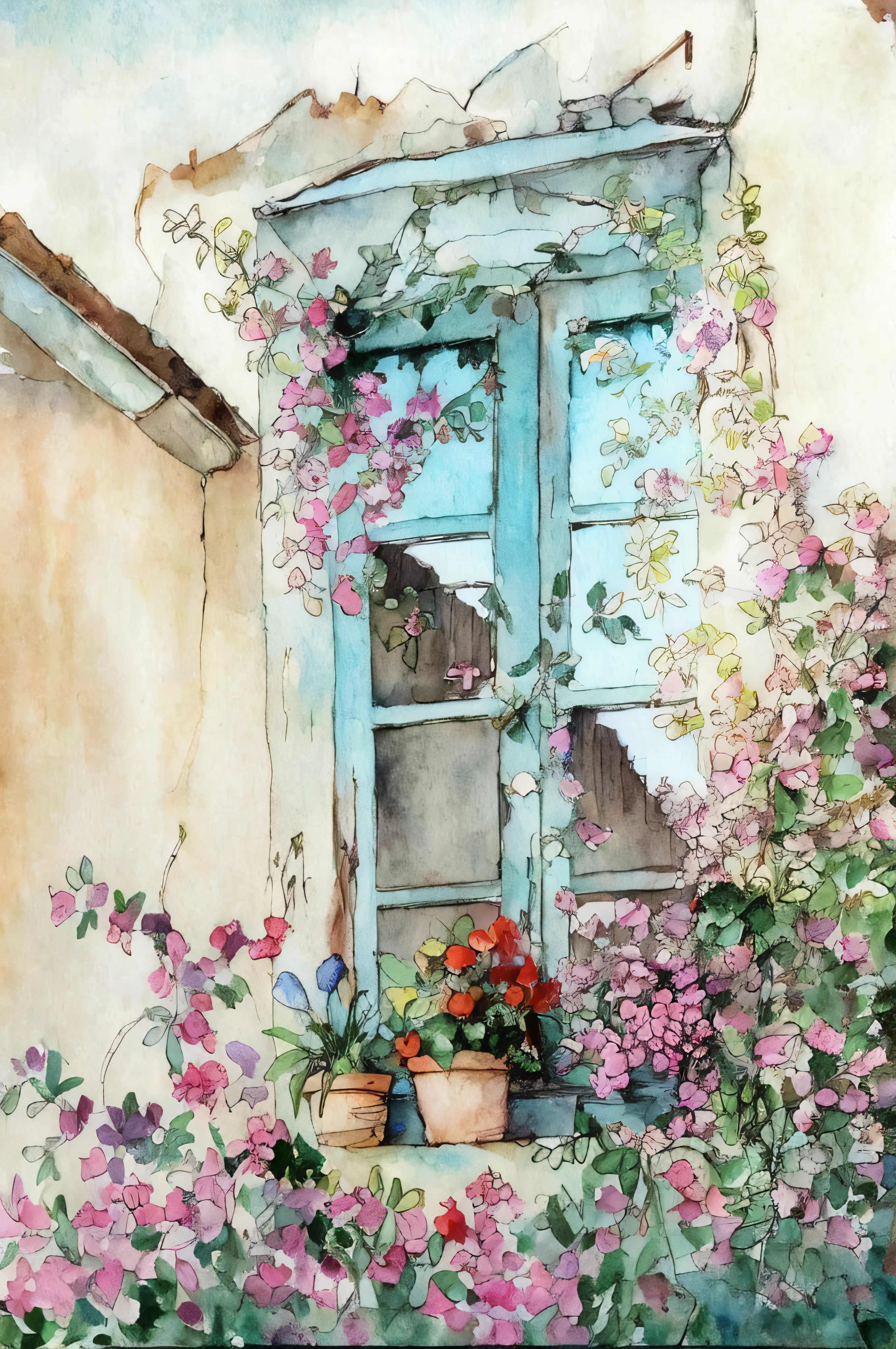 painting of a window with a potted plant and flowers, watercolor painting style, watercolor colored painting, watercolor detailed art, detailed watercolor painting, detailed watercolor, aquarelle painting, watercolor painting, water color painting, masterful detailed watercolor, aquarel painting, detailed watercolour, realistic watercolour, watercolour painting, by Alice Rahon, watercolor art, by Jean Hey, by Hermione Hammond