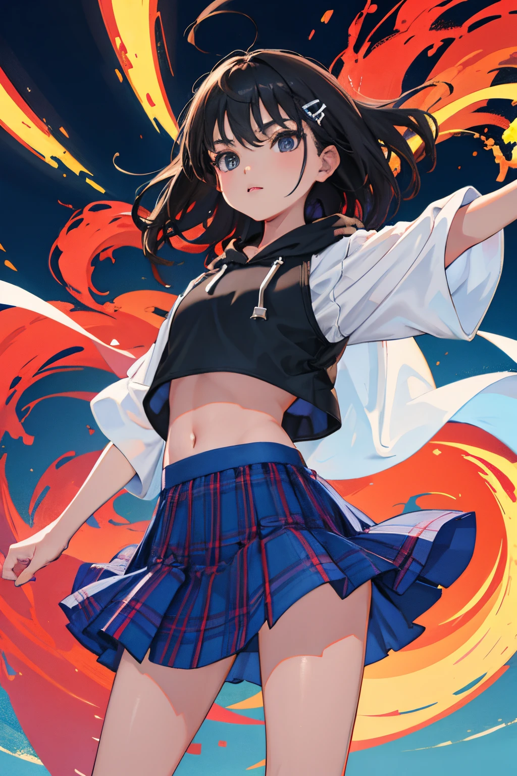 (:1.2),(masterpiece,Highest Quality),Short sleeve hoodie,Crop Top Look,plaid skirts,A dark-haired,The wind is blowing