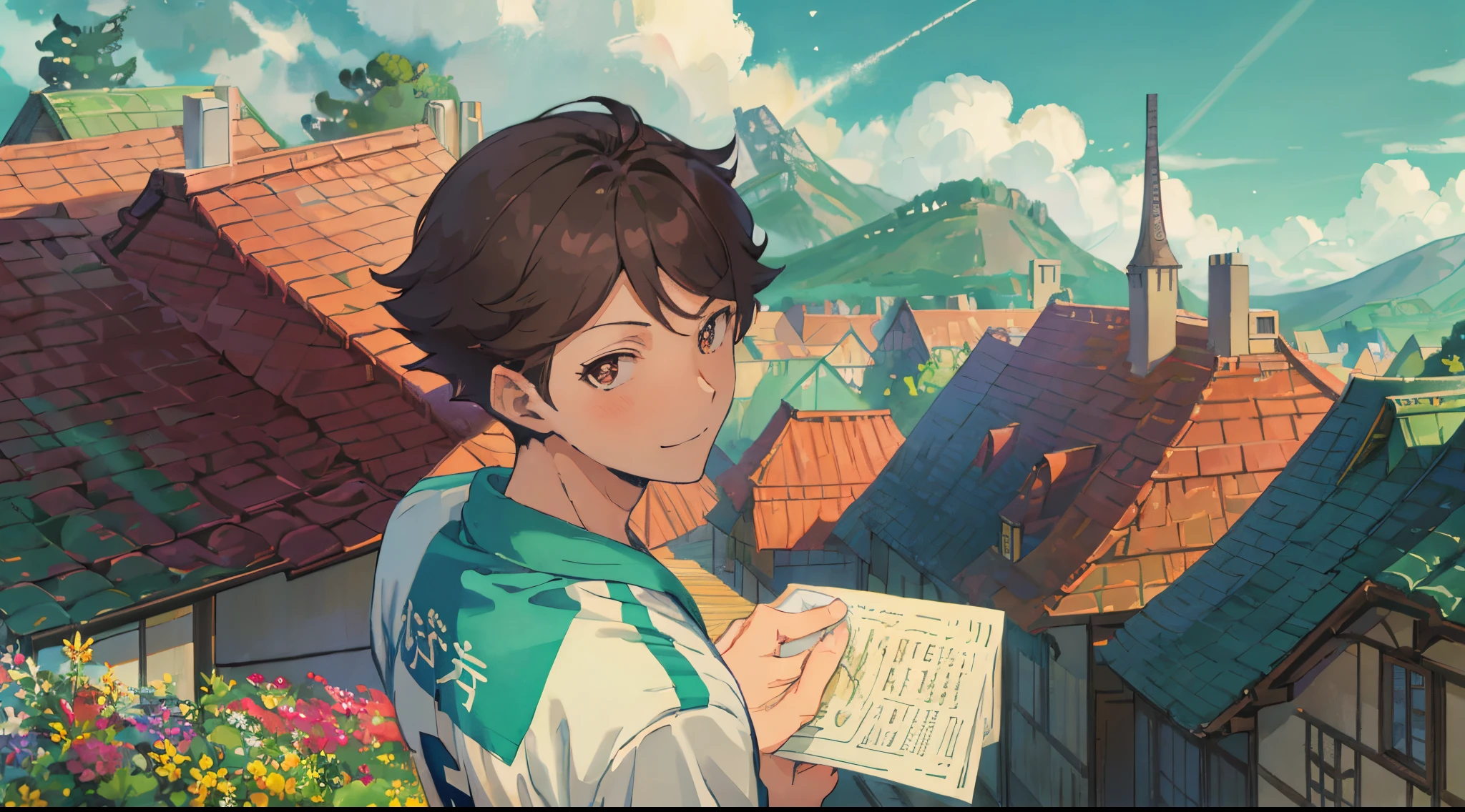 oikawa tooru, 1man, handsome, volleyball outfit, upper body, brown hair, brown eyes, short hair, solo focus, cute, happy, blushing, smiling, masterpiece, soft shading, watercolor, best quality, absurdres, joy, happiness, cinematic lighting, high contrast, sharp focus, desktop wallpaper, scenery, flowers, happy feeling, warm feeling, light particles, looking at viewer, volleyball