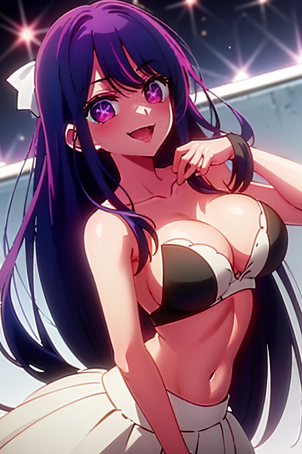 masterpiece、ighly detailed、(1 girl in:1.2)、purple color hair、strapless open shoulder bra、big eye、a closeup、Naughty smile、8K 、Ai Hoshino、Live performance venue、Star Eyes