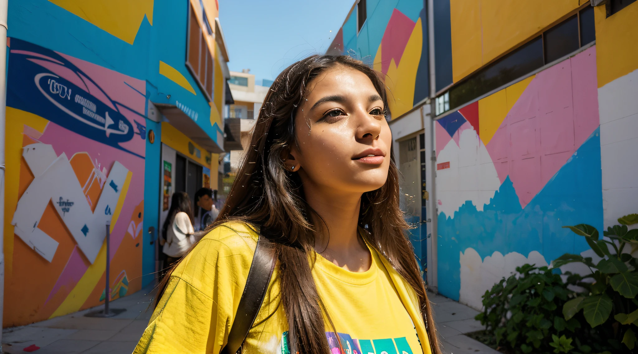 Realism, best quality, high quality, high details A 20-year-old Brazilian student leisurely traverses the vibrant university campus. Adorned in a spectrum of lively hues, her carefree hair sways as if echoing the kaleidoscope around her. The scene unfolds against a backdrop of creatively landscaped areas on the campus, each corner bursting with vivid colors and artistic elements. Murals of abstract and futuristic urban art adorn the walls, transforming the environment into a dynamic, visually stimulating masterpiece. As she engages in conversations, the lively atmosphere mirrors the kaleidoscopic blend of art, innovation, and learning that characterizes this uniquely creative academic setting