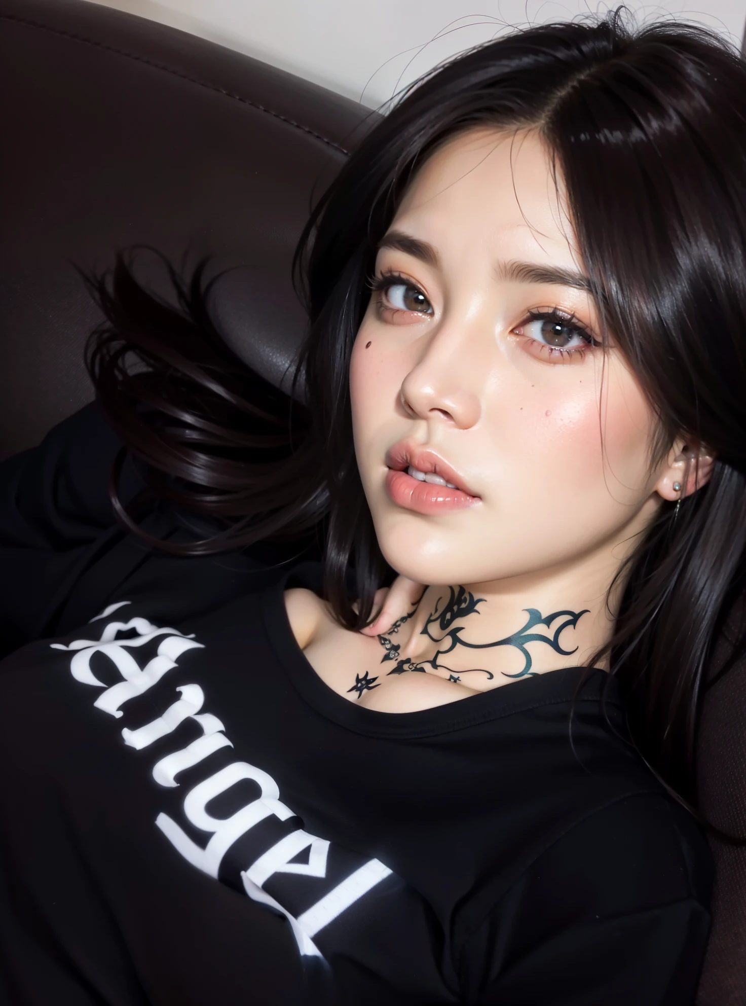 Woman with a tattoo on her chest sitting on a sofa, de  taiwanesa com tatuagens, cruel korean goth girl, kanliu666, Sui Ishida com cabelo preto, imagem de perfil, Ayami tem, inspirado em Ayami Kojima, Foto do perfil, Coberto, inspirado em Kamagurka, Retrato de Tifa Lockhart