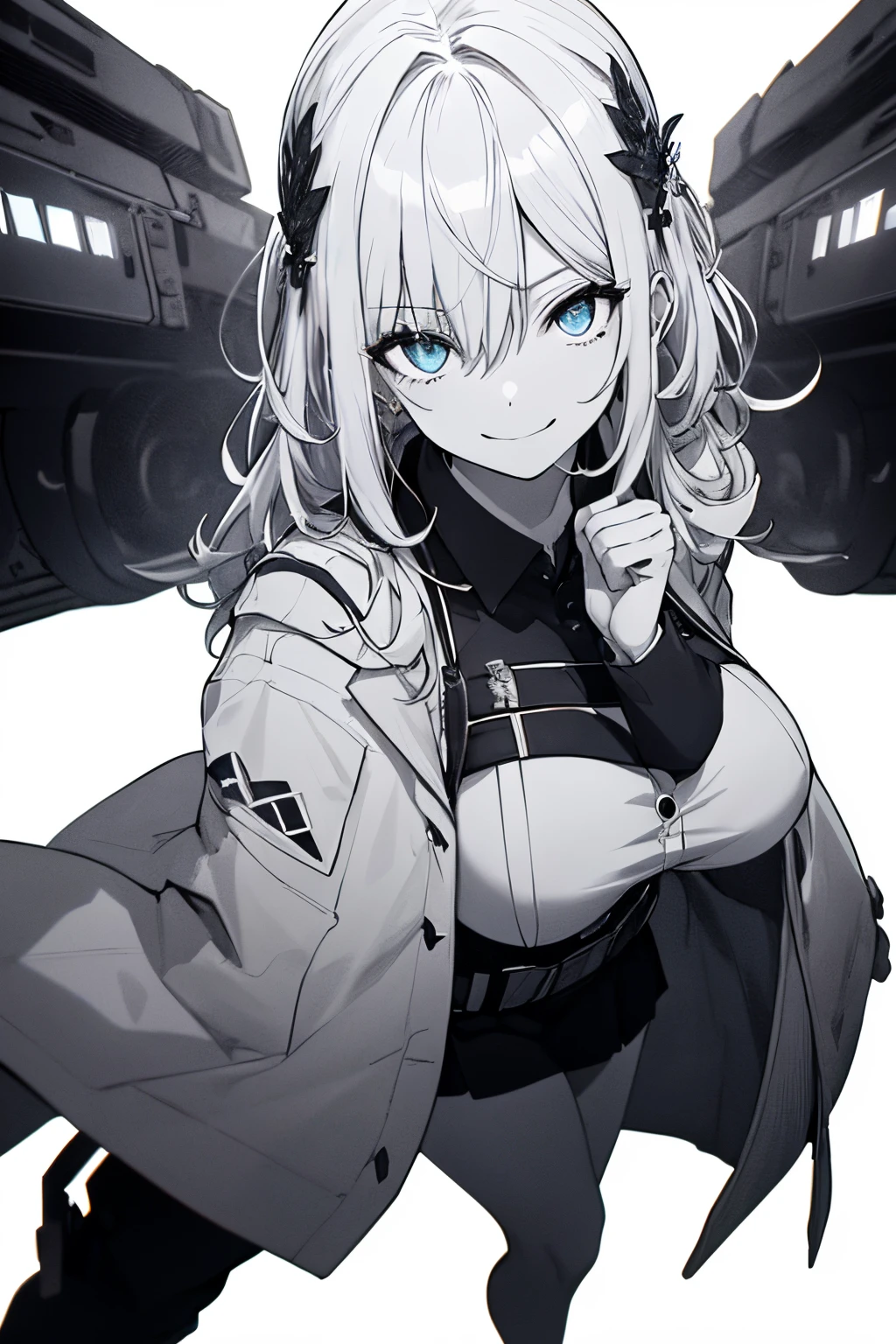(Super Sexy Pose:1.2), 1 girl in, Full body, White one-piece military uniform, (masutepiece:1.2, Best Quality), (finely detailed beautiful eye: 1.2), (beautifull detailed face), High contrast, (Best Illumination, extremely delicate and beautiful), ((Cinematic Light)), Dramatic light, Intricate details, blue eyes, Big boobs, Belt under boobs, White military uniform, White skirt,White hair, Black tie, (Pale white background:1.5), long hair, Look at me and smile,