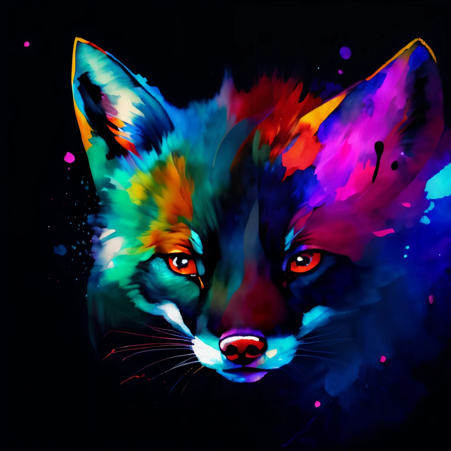 wtrcolor style, Digital art of a fox face, official art, masterpiece, Beautiful, ((watercolor)), paint splatter, intricate details. Highly detailed, detailed, [dripping:0.5], Trending on artstation, by Rachel Walker, looking like a real painting, centered, frontal, animal, vibrant colours, detailed eyes, paint dripping, black canvas, centered, brush strokes, looking straight in the camera, extra paint splatters, facing the front, a lot of paint dripping