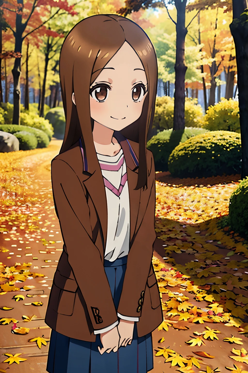 (Realistic),(Photorealistic),Takagi_San, 1girl in, Long hair,Brown hair, Part bangs, Brown eyes, Red face，Pink long coat，Purple long skirt, Long sleeves, Forehead, Black socks, brown shoes, Smile, Looking at Viewer, masutepiece,Full body, Best Quality, (Colorful),volumatic light, Ray tracing,the Extremely Detailed CG Unity 8K Wallpapers,Smile,((blow away fallen leaves)),In the forest of autumn leaves, Sunny,Sunshine, light, Fantasy, Windy, magic sparks,Colored leaves，The ground completely covered with fallen leaves.