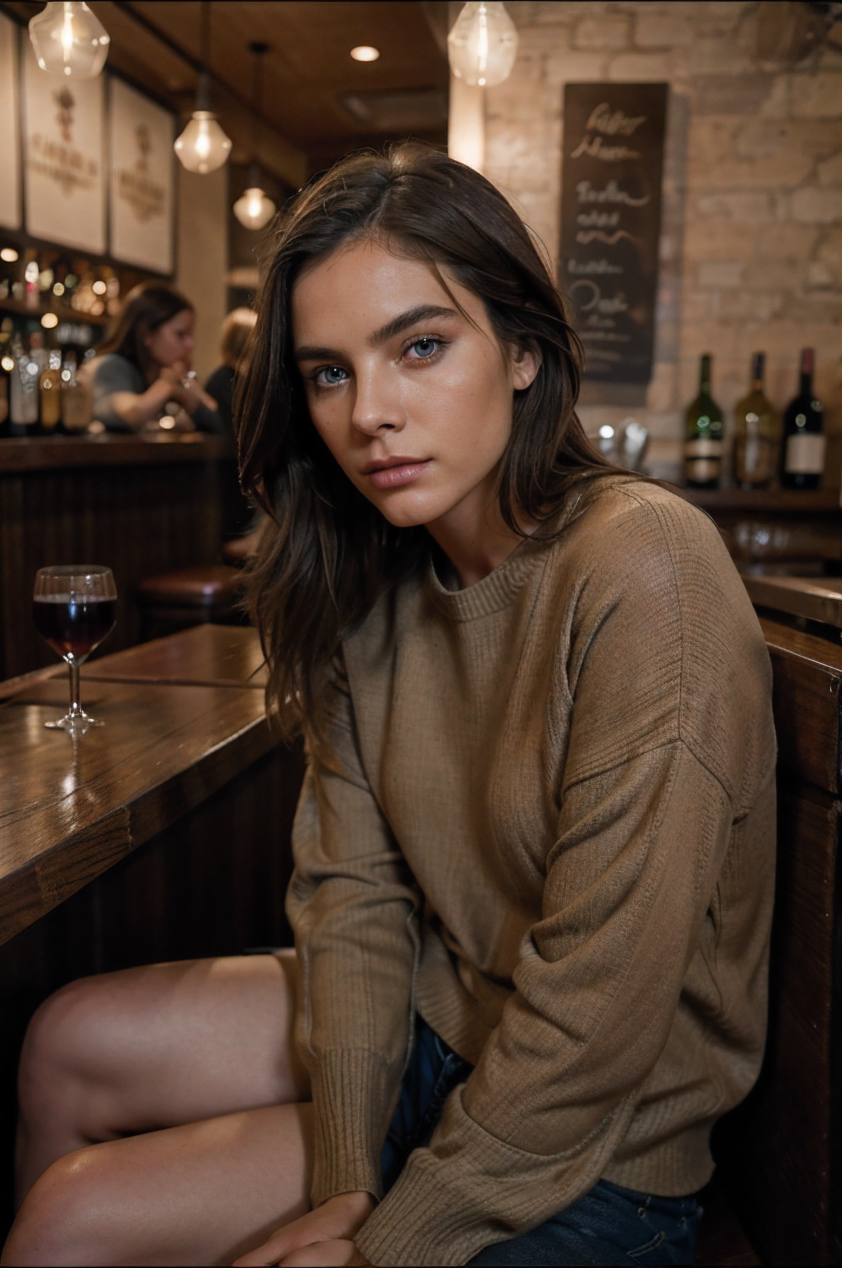 Raw Photo, Photo Essay, Fashion Photography, Masculine Girl, Model, Enigmatic, Soft Earthy Makeup, Earthy Eye Shadow, European, South American, long Haircut, blue eyes, night, ((restaurant), pullover, wine, sitting at a bar