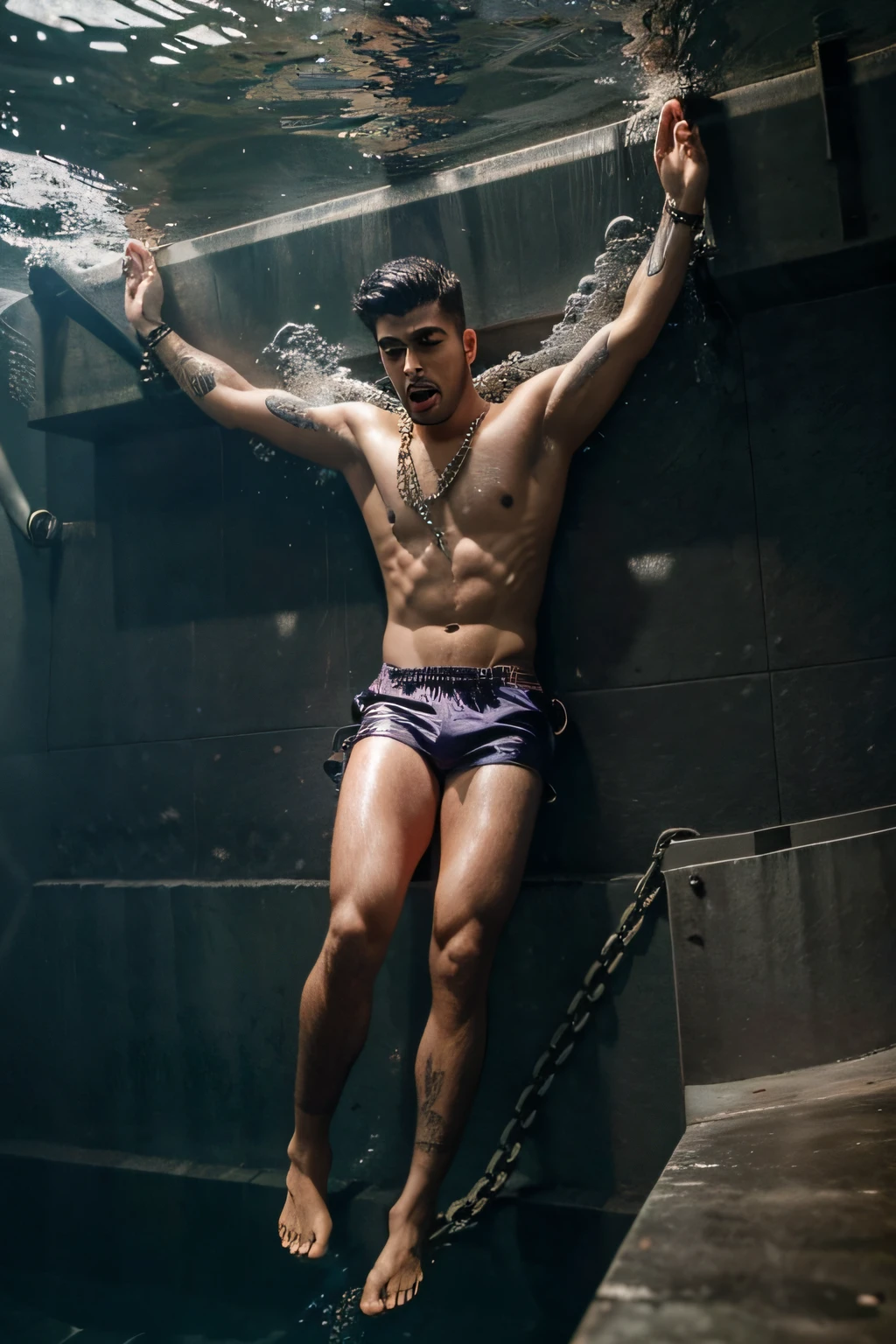 Zayn Malik screams as he sinks underwater wrapped in heavy chains wearing satin shorts