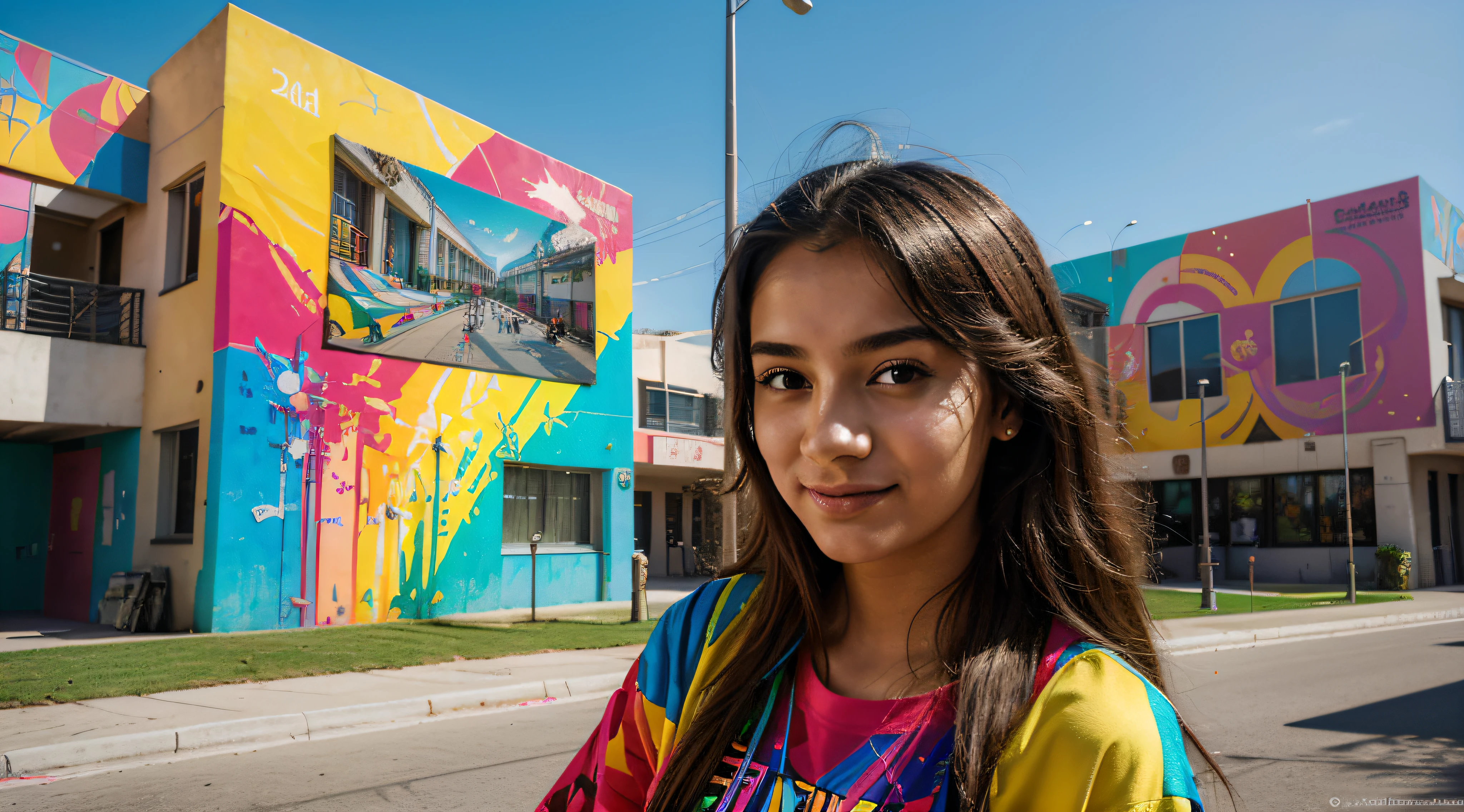 Realism, best quality, high quality, high details A 20-year-old Brazilian student leisurely traverses the vibrant university campus. Adorned in a spectrum of lively hues, her carefree hair sways as if echoing the kaleidoscope around her. The scene unfolds against a backdrop of creatively landscaped areas on the campus, each corner bursting with vivid colors and artistic elements. Murals of abstract and futuristic urban art adorn the walls, transforming the environment into a dynamic, visually stimulating masterpiece. As she engages in conversations, the lively atmosphere mirrors the kaleidoscopic blend of art, innovation, and learning that characterizes this uniquely creative academic setting