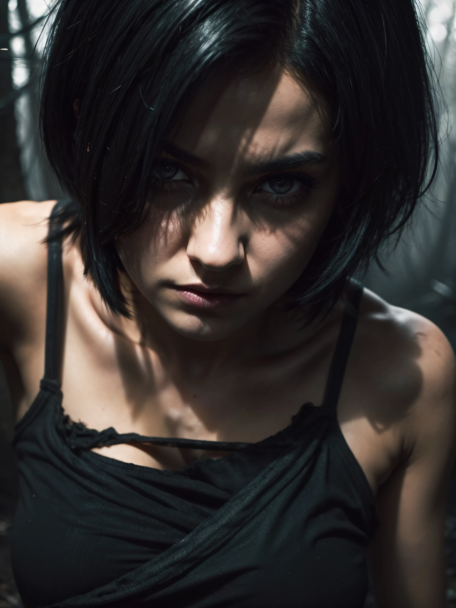 1girl, short black hair messy, black eyes, psycho look, gray haze around, peeking out upper body, dark forest, Ripped clothes, 16k