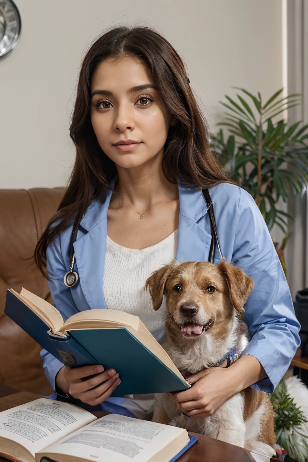 estudante de medicina morena de cabelos cahceados castanhoescuro e olhos cor de mel estudando com uma pilha de livros sobre medicina do estilo de vida, robotic surgery and neurology, with jesus christ blessing and a yorshire dog by his side and an angelic yorkshire dog by jesus&#39;s side
