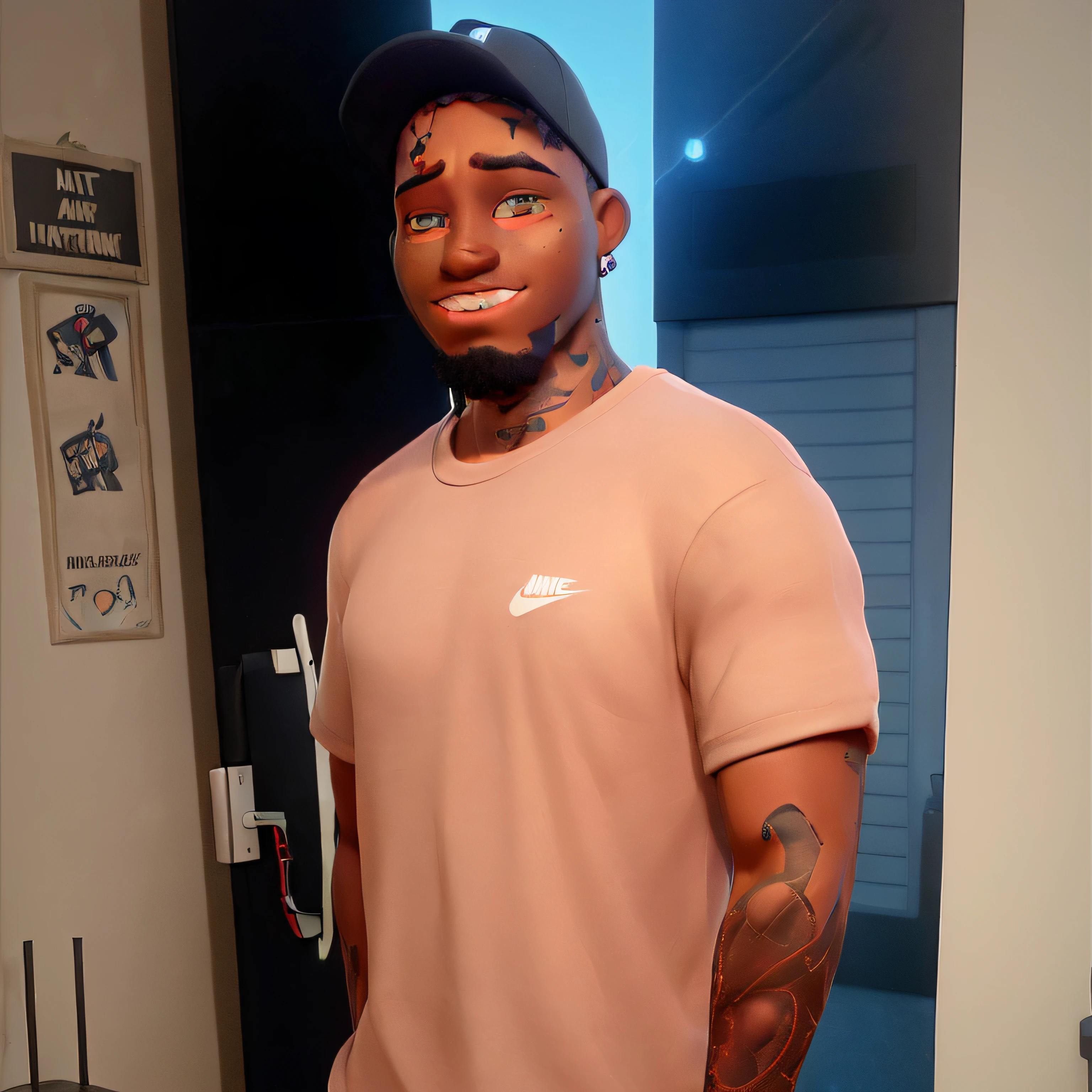 Dark-skinned man with tattoo on his left arm, Nike cap and black shirt