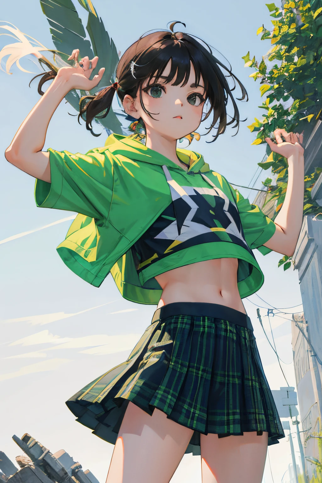 (child:1.2)，（​masterpiece，Highest Quality），Short sleeve hoodie，Crop Top Look，Green plaid skirt，A dark-haired，The wind is blowing