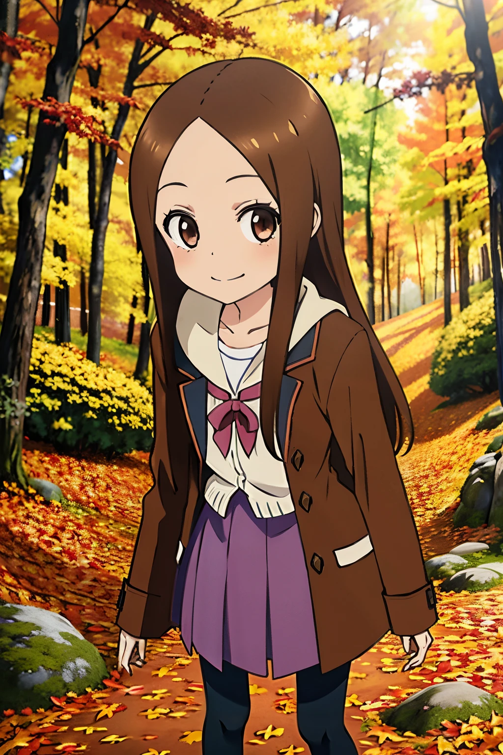 (Realistic),(Photorealistic),Takagi_San, 1girl in, Long hair,Brown hair, Part bangs, Brown eyes, Red face，Pink long coat，Purple long skirt, Long sleeves, Forehead, Black socks, brown shoes, Smile, Looking at Viewer, masutepiece,Full body, Best Quality, (Colorful),volumatic light, Ray tracing,the Extremely Detailed CG Unity 8K Wallpapers,Smile,((blow away fallen leaves)),In the forest of autumn leaves, Sunny,Sunshine, light, Fantasy, Windy, magic sparks,Colored leaves，The ground completely covered with fallen leaves.