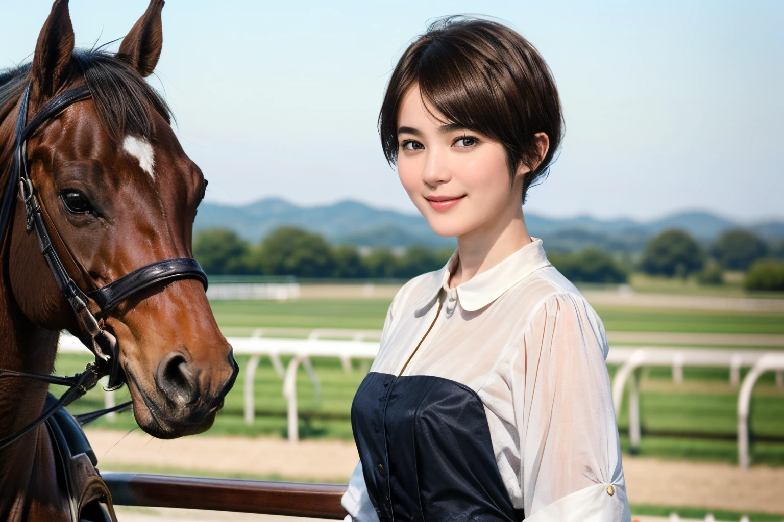 98
(a 20 yo woman,is standing), (A hyper-realistic), (high-level image quality), ((short-hair:1.46)), (Gentle smile), (Keep your mouth shut), (Riding a horse), (ride horse、Horse racing、carriage)