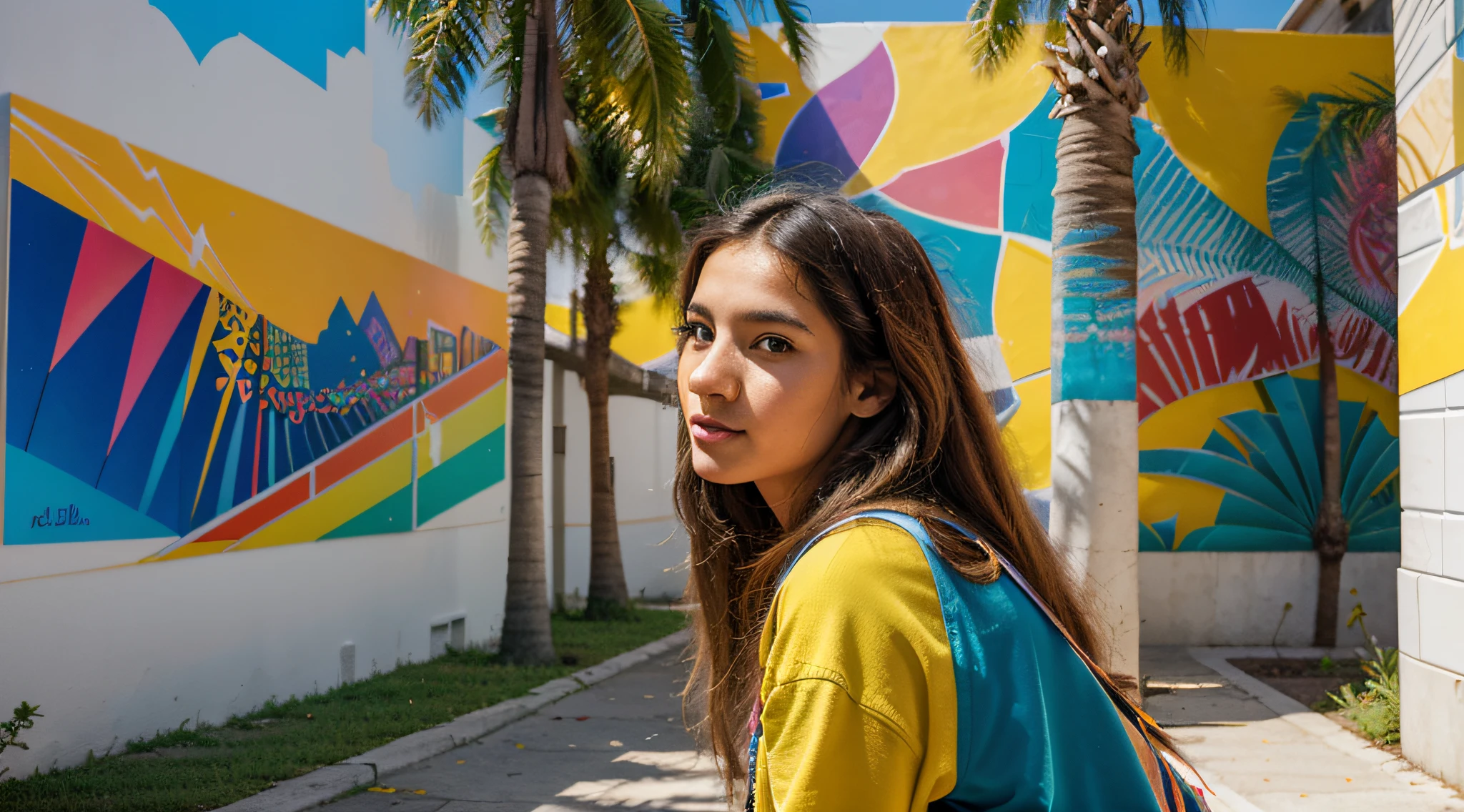 Realism, best quality, high quality, high details A 20-year-old Brazilian student leisurely traverses the vibrant university campus. Adorned in a spectrum of lively hues, her carefree hair sways as if echoing the kaleidoscope around her. The scene unfolds against a backdrop of creatively landscaped areas on the campus, each corner bursting with vivid colors and artistic elements. Murals of abstract and futuristic urban art adorn the walls, transforming the environment into a dynamic, visually stimulating masterpiece. As she engages in conversations, the lively atmosphere mirrors the kaleidoscopic blend of art, innovation, and learning that characterizes this uniquely creative academic setting