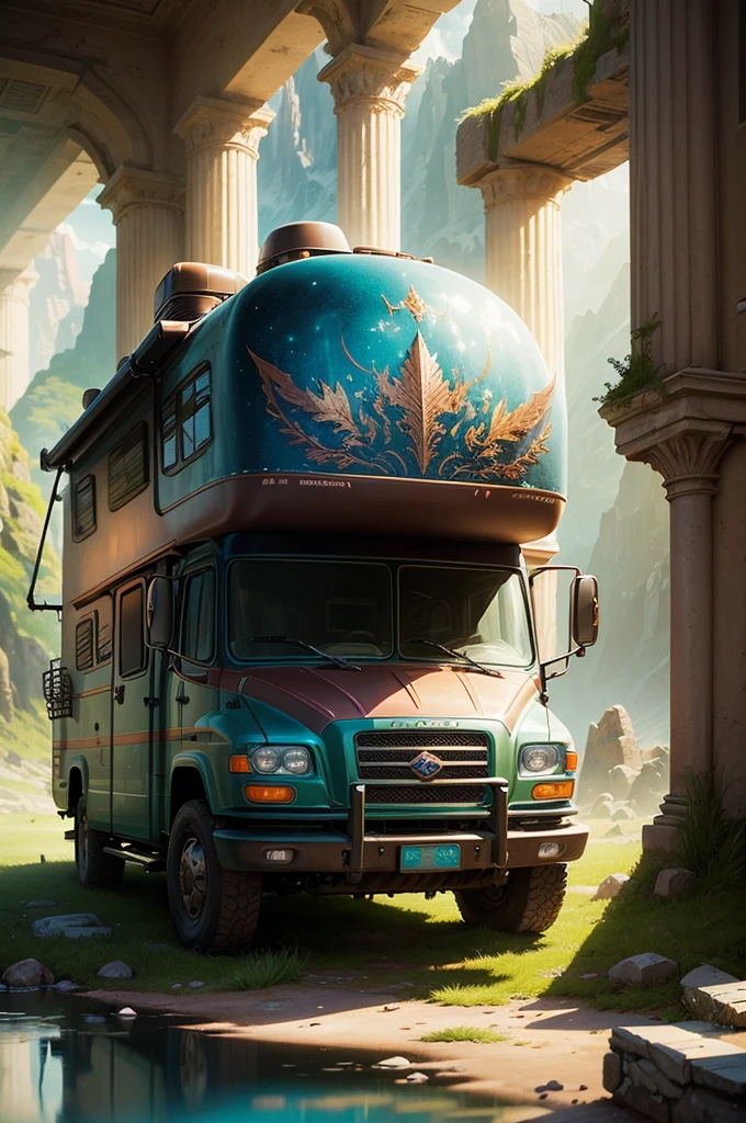 masterpiece, concept art, fantasy theme, (fantasy RV vehicle:1.2), cozy, camping, vibrant color, fantasy mythical ancient ruins background, volumetric lighting, global illumination, reflection, HD,