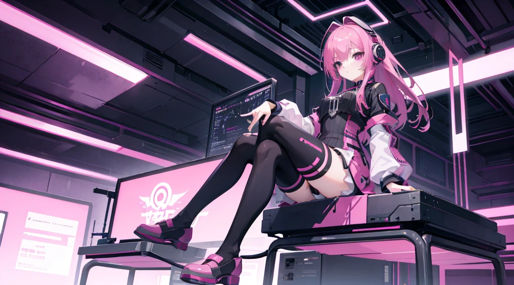 mitsukasa ayas，cyber punk perssonage, , Digital punk, Anime style 4k, Short-sleeved game suit,Pink Long Hair, computer room, Gaming headset overhead，black pantyhoses