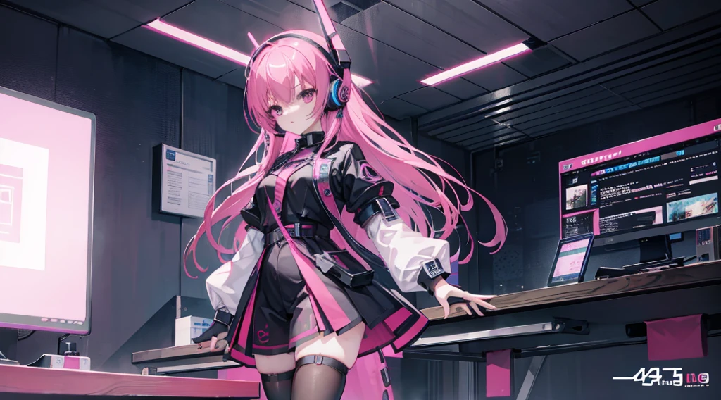 mitsukasa ayas，cyber punk perssonage, , Digital punk, Anime style 4k, Short-sleeved game suit,Pink Long Hair, computer room, Gaming headset overhead，black pantyhoses