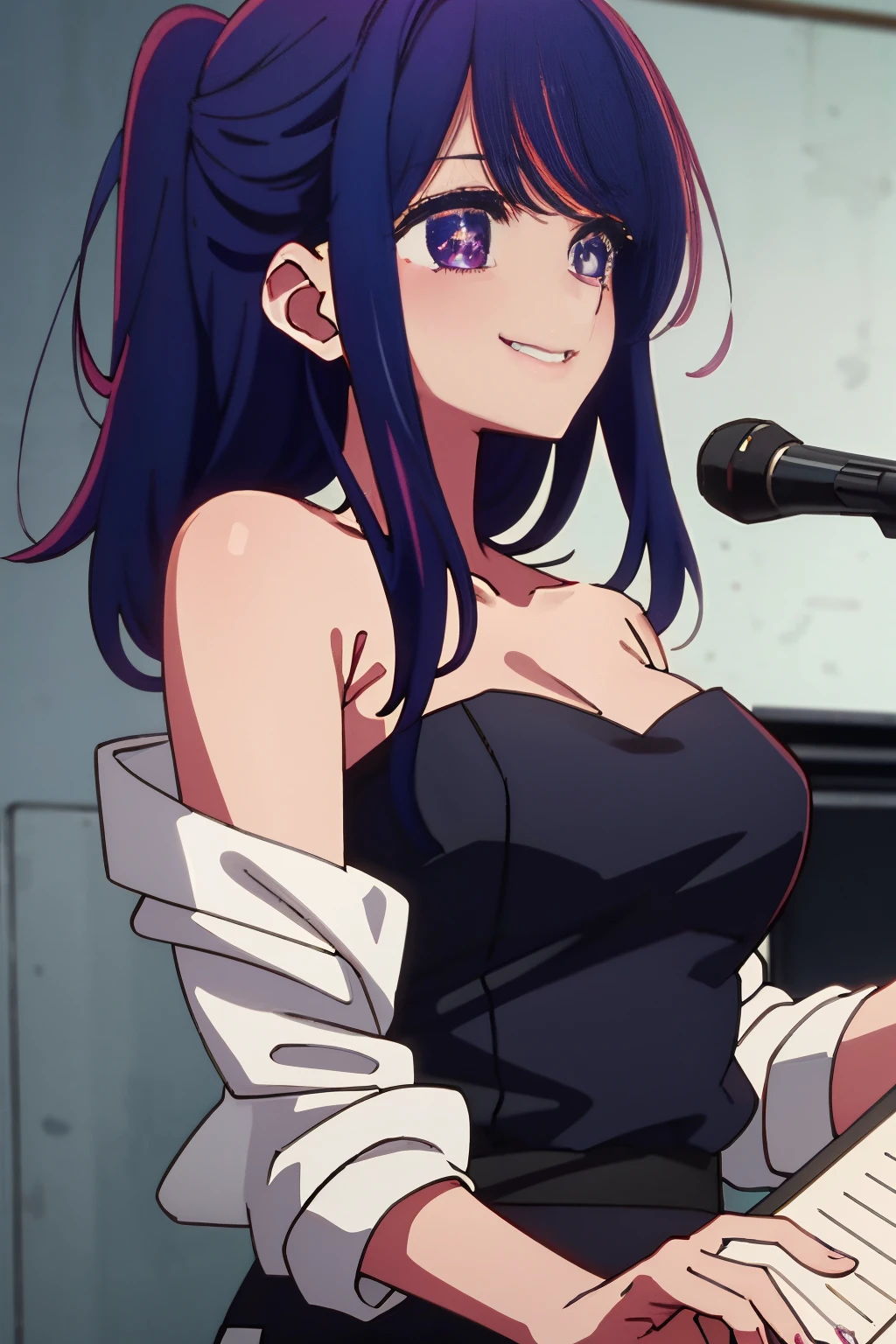 masterpiece、ighly detailed、(1 girl in:1.2)、purple color hair、strapless open shoulder bra、big eye、a closeup、Naughty smile、8K 、Ai Hoshino、Live performance venue、Star Eyes