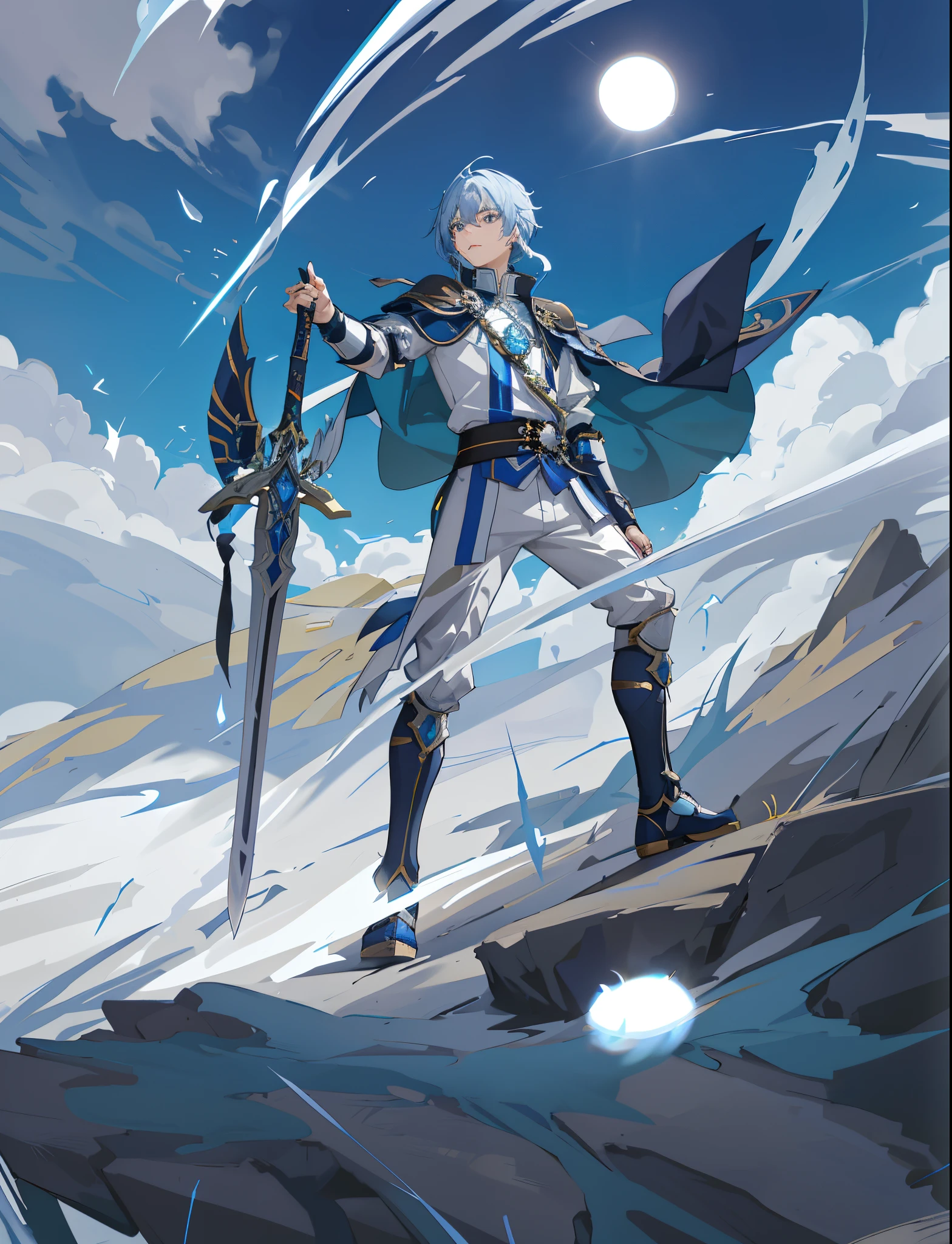 anime character with sword and cape standing on a rock in the sky, Keqing de Genshin Impact, full portrait of magical knight, hero 2 d fanart artsation, casimiro arte, armadura azul e prata gelo, ( ( arte conceitual do personagem ) ), Personagem Genshin Impact, arte oficial do personagem, pale blue armor, cara de anime alto com olhos azuis, detalhar o rosto, rosto detalhado, olhos grandes, boca aberta, ((gritando)) boca gritando, olhos grandes e detalhados