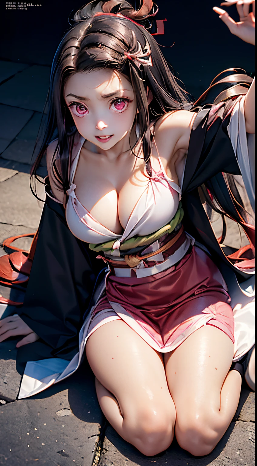 (8k) HD, Best quality, Works of masters, A high resolution, 1girll, nezuko kamada, ((nezuko of demon slayer)) Super beautiful face, super beautiful red eye, Super beautiful hair，Trendy outfits，MagazineCover，Sexy and charming，Color explosion，Black color hair，Large hairpins，full bodyesbian, big breast, no text,