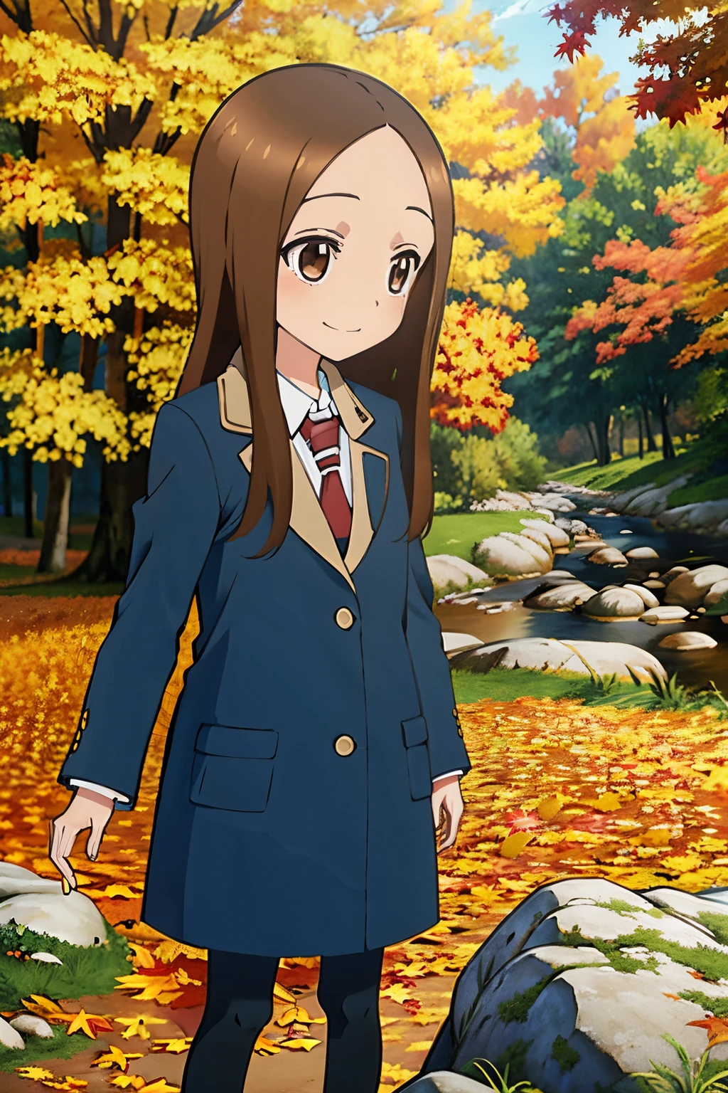 (Realistic),(Photorealistic),Takagi_San, 1girl in, Height 155 cm，14years，Long hair,Brown hair, Part bangs, Brown eyes, Red face，dark blue long coat，long black skirts, Long sleeves, Forehead, Black socks, brown shoes, Smile, Looking at Viewer, masutepiece,Full body, Best Quality, (Colorful),volumatic light, Ray tracing,the Extremely Detailed CG Unity 8K Wallpapers,Smile,((blow away fallen leaves)),In the forest of autumn leaves, Sunny,Sunshine, light, Fantasy, Windy, magic sparks,Colored leaves，The ground completely covered with fallen leaves.