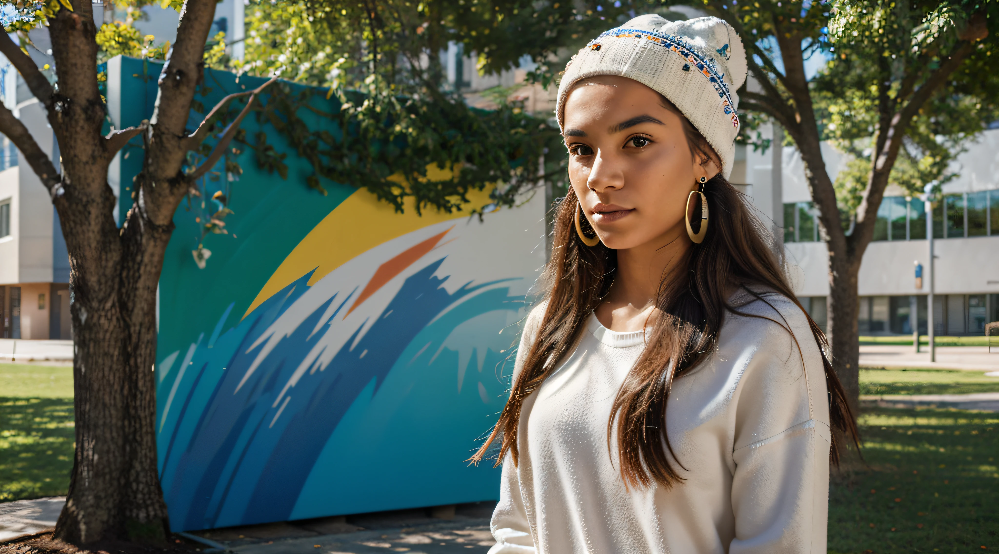 Realism, best quality, high quality, high details A 20-year-old Brazilian student casually strolls through the vibrant university campus, sporting a colorful ensemble. Her carefree hair, adorned with a Nordic-inspired beanie, dances with the breeze. Expressing a blend of curiosity and focus, her face features subtle piercings, complemented by statement earrings, bracelets, and Nordic-inspired accessories. The kaleidoscopic campus backdrop, with creatively landscaped areas and vivid murals, sets the stage for an immersive learning experience. As she engages in conversations, the dynamic atmosphere captures the essence of art, innovation, and Nordic flair in this uniquely creative academic setting.