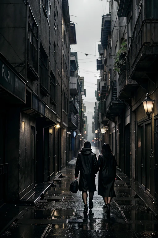 (Armageddon) Ruined city Plants climbing all over the walls Night heavy rain Black rain Ruined streets Poorly lit alley Shady relic lighting (Ruined buildings) (Uninhabited city) Photo-realistic image high definition black and white, a man and a woman holding hands walking down the alley