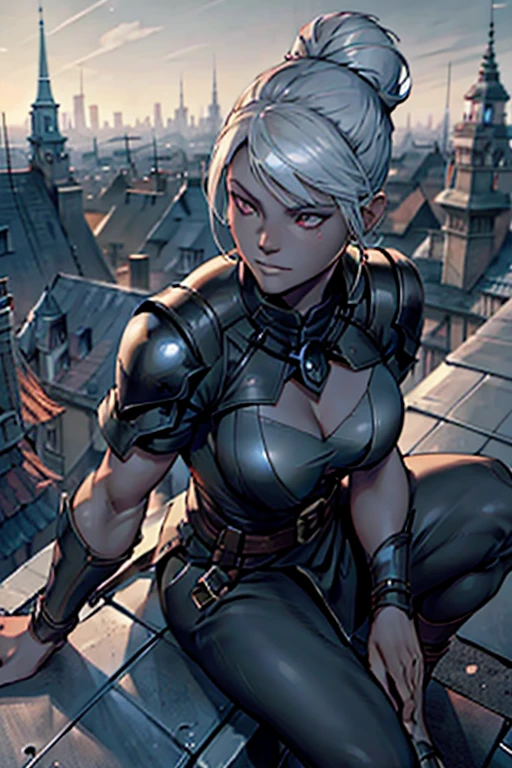 drow female, assassin, red eyes, black leather armor, crouched, rooftop, fantasy city background, black skin, white hair bun
