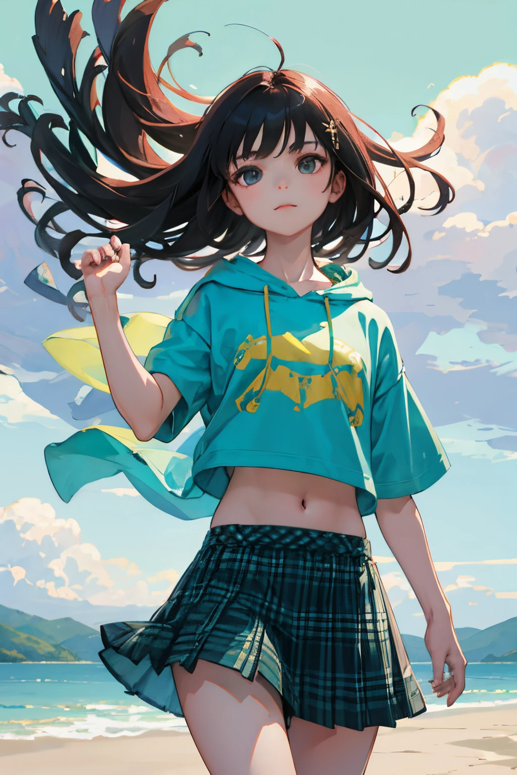 (child:1.2),(masterpiece,Highest Quality),Short sleeve hoodie,Crop Top Look,Green plaid skirt,A dark-haired,The wind is blowing