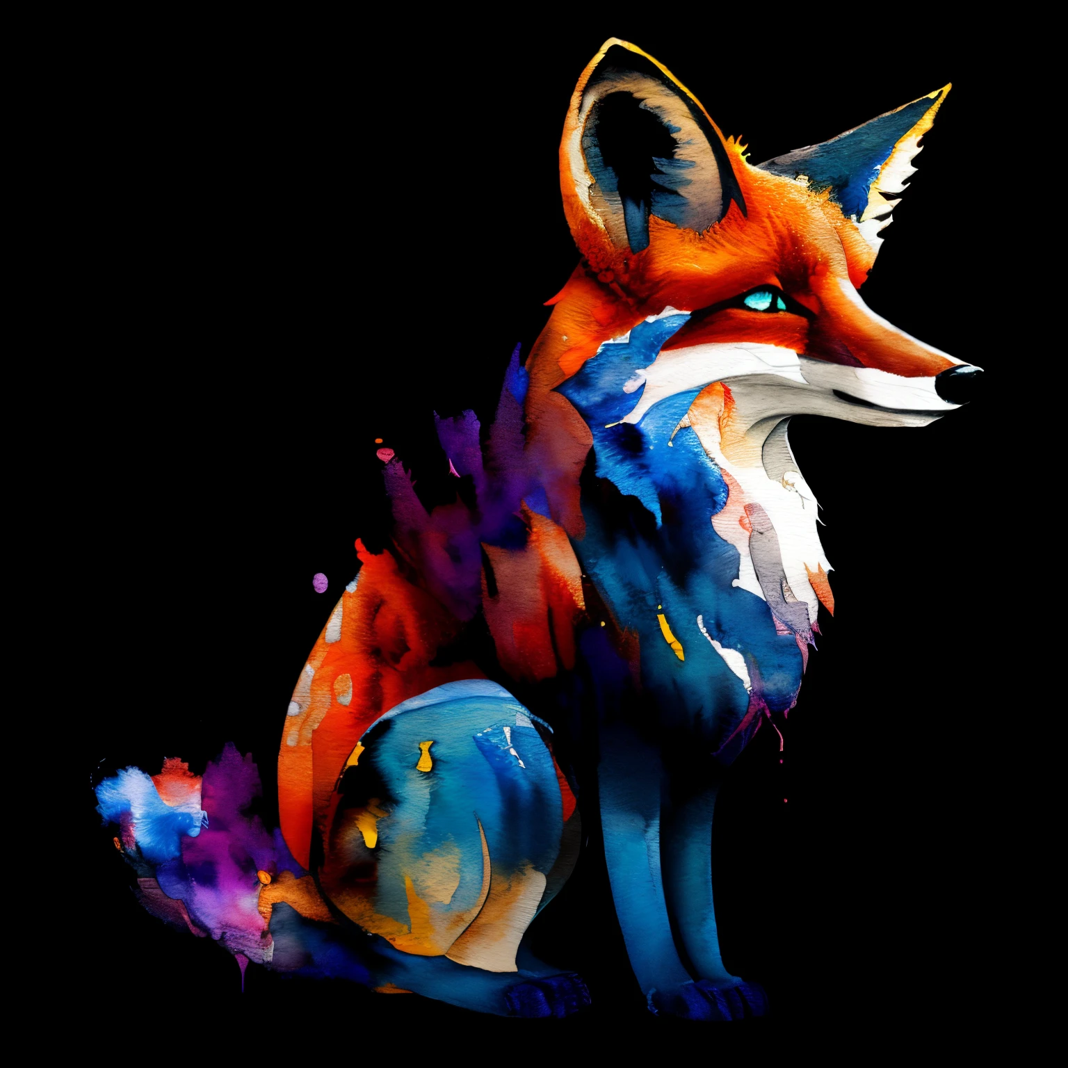 wtrcolor style, Digital art of a fox face, official art, masterpiece, Beautiful, ((watercolor)), paint splatter, intricate details. Highly detailed, detailed, [dripping:0.5], Trending on artstation, by Rachel Walker, looking like a real painting, centered, frontal, animal, vibrant colours, detailed eyes, paint dripping, black canvas, centered, brush strokes, looking straight in the camera, extra paint splatters, facing the front, a lot of paint dripping