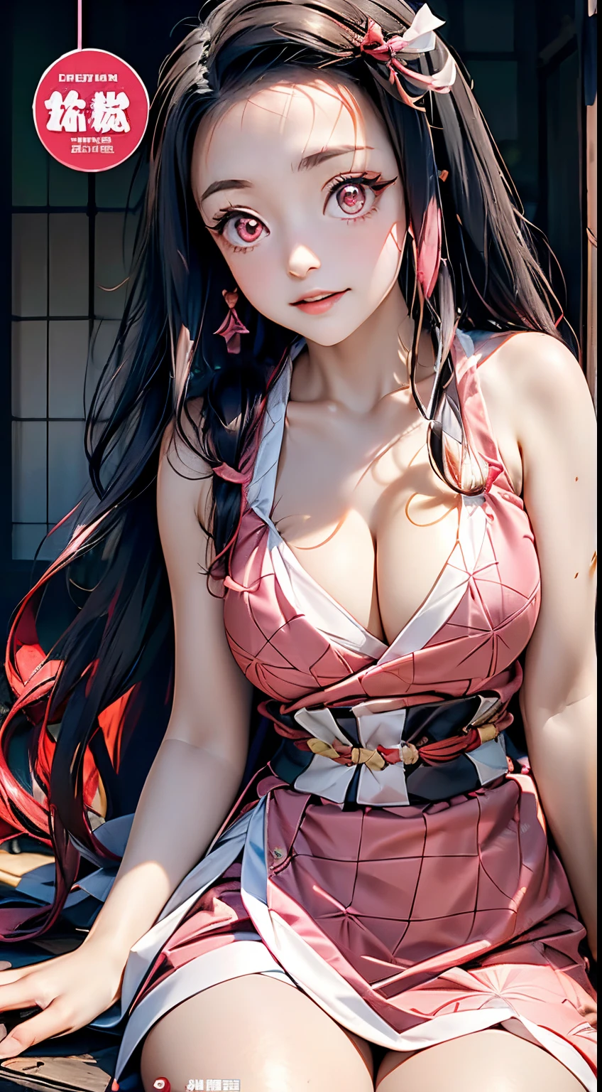 (8k) HD, Best quality, Works of masters, A high resolution, 1girll, nezuko kamada, ((nezuko of demon slayer)) Super beautiful face, super beautiful red eye, Super beautiful hair，Trendy outfits，MagazineCover，Sexy and charming，Color explosion，Black color hair，Large hairpins，full bodyesbian, big breast, no text,