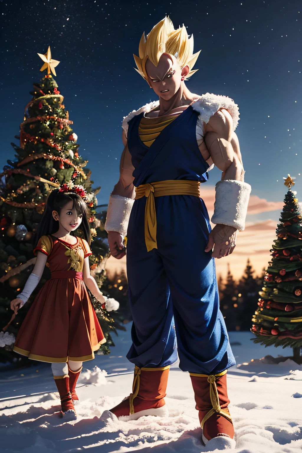 Create an amazing image of Dragon Ball characters wearing Christmas clothes, donde Goku, Vegeta, and other iconic characters from the series wear festive outfits adorned with Christmas motifs. Imagine a snowy scene with decorated trees and bright colorful lights. Make sure you capture the essence and personality of each character while they enjoy a festive and joyful atmosphere. Let your imagination run wild and create an epic Christmas scene with these iconic Saiyan warriors!!