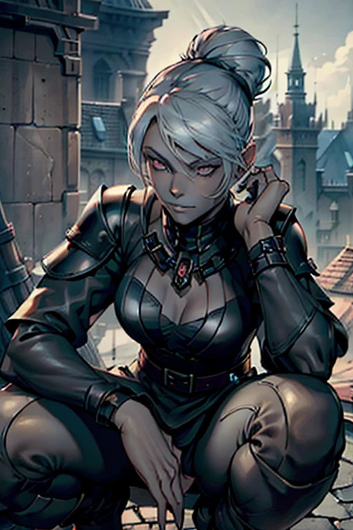 (masterpiece, best quality:1.3) REExcellaGionne, drow female, assassin, red eyes, black leather armor, crouched, rooftop, fantasy city background, black skin, white hair bun