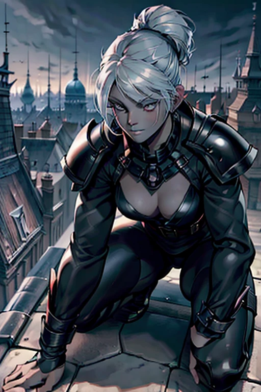 (masterpiece, best quality:1.3) REExcellaGionne, drow female, assassin, red eyes, black leather armor, crouched, rooftop, fantasy city background, black skin, white hair bun