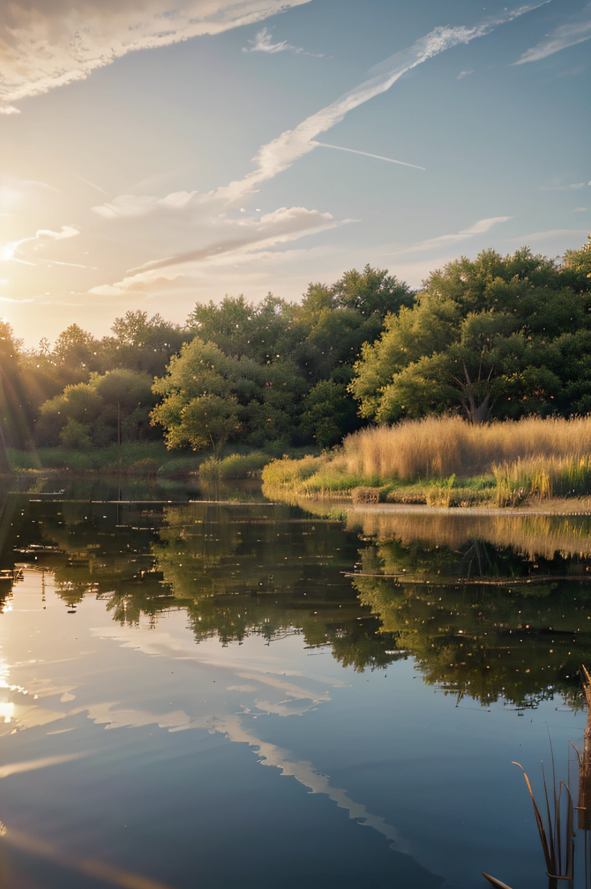 Wallpaper, summer pond, pond, boat, afternoon sun, reeds, pond background, depth of field, hot weather, HD detail, wet watermark, hyperdetail, realistic photo, 16k, surrealism, soft light, deep field focus bokeh, ray tracing, diffuse (ultra-fine glass reflection) and surrealism. --v6