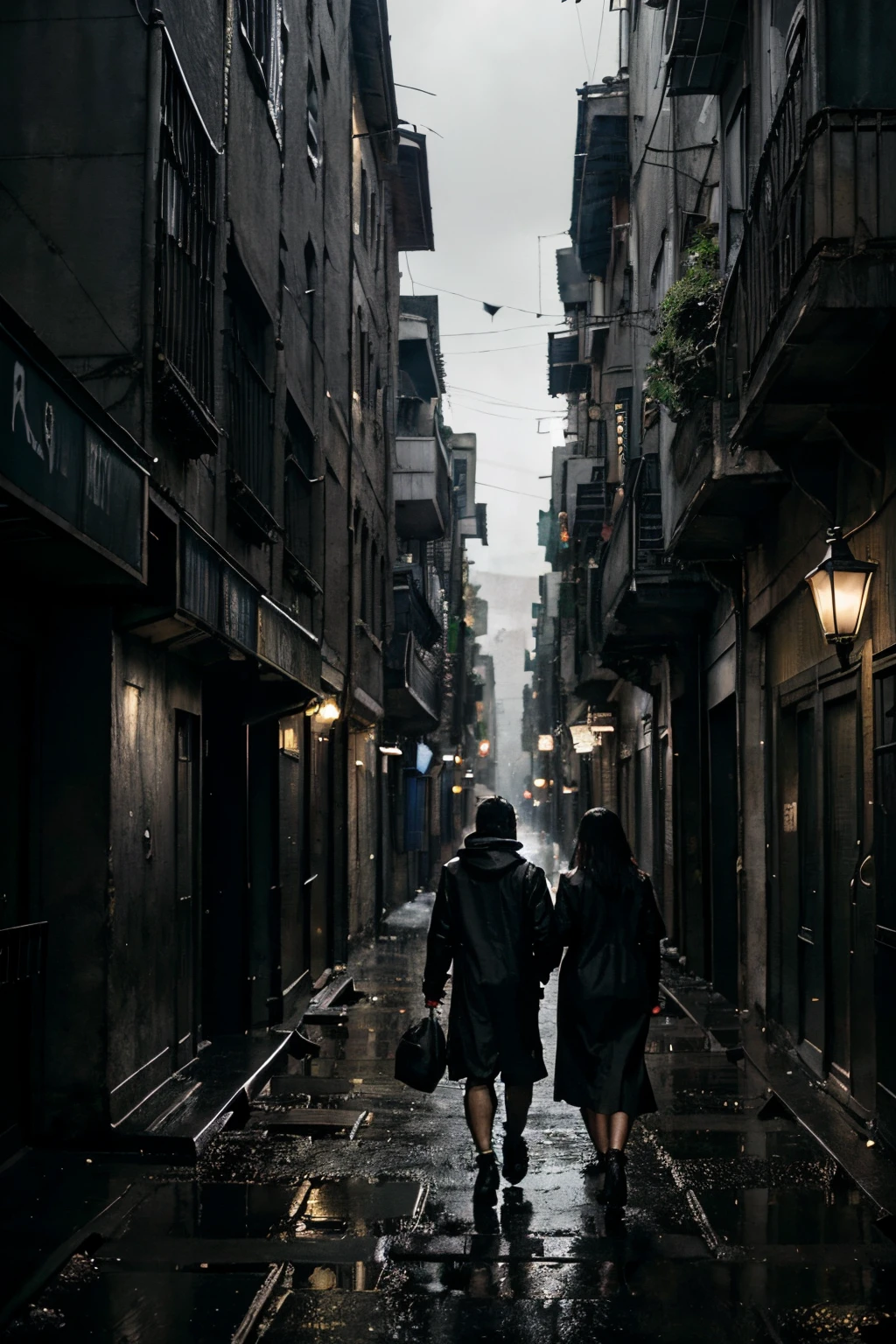 (Armageddon) Ruined city Plants climbing all over the walls Night heavy rain Black rain Ruined streets Poorly lit alley Shady relic lighting (Ruined buildings) (Uninhabited city) Photo-realistic image high definition black and white, a man and a woman holding hands walking down the alley