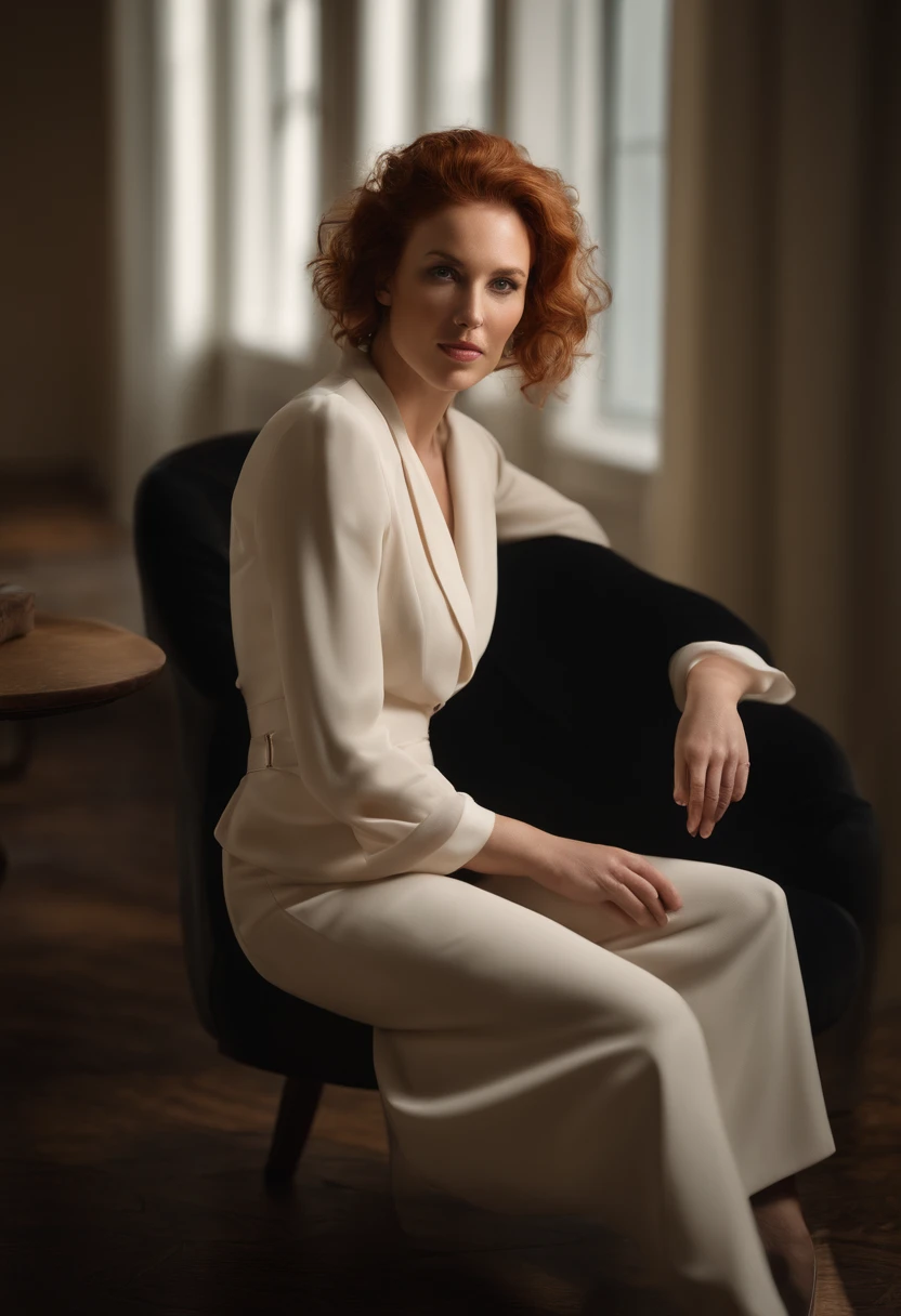 redheaded publicity photo for art magazine. woman aged approximately 30 years old, discreetly fat (body mass index equal to 40). sitting on an elegant chair. Shoulder length hair. Wearing elegant clothes. inside a stylish modern apartment, well lit by daylight and stylish. full body photo. high heel shoes. Business woman. Photo taken in a studio with a neutral infinite background. 8k, RAW photo, best quality, masterpiece, realistic, photorealistic. waist-length shot, maximum definition, hyper realistic, high lights and shadows, 8k HD skin texture, hyper detailed, realistic skin texture, high resolution. Foto RAW, (pele altamente detalhada: 1.2), 8k uhd, dslr, soft-lighting, alta qualidade, ultrarrealista, grain of film, Fujifilm XT3 INFO