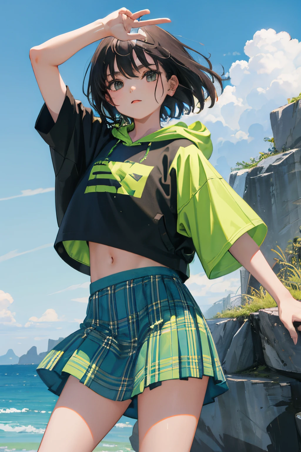 (child:1.2),(masterpiece,Highest Quality),Short sleeve hoodie,Crop Top Look,Green plaid skirt,A dark-haired,The wind is blowing