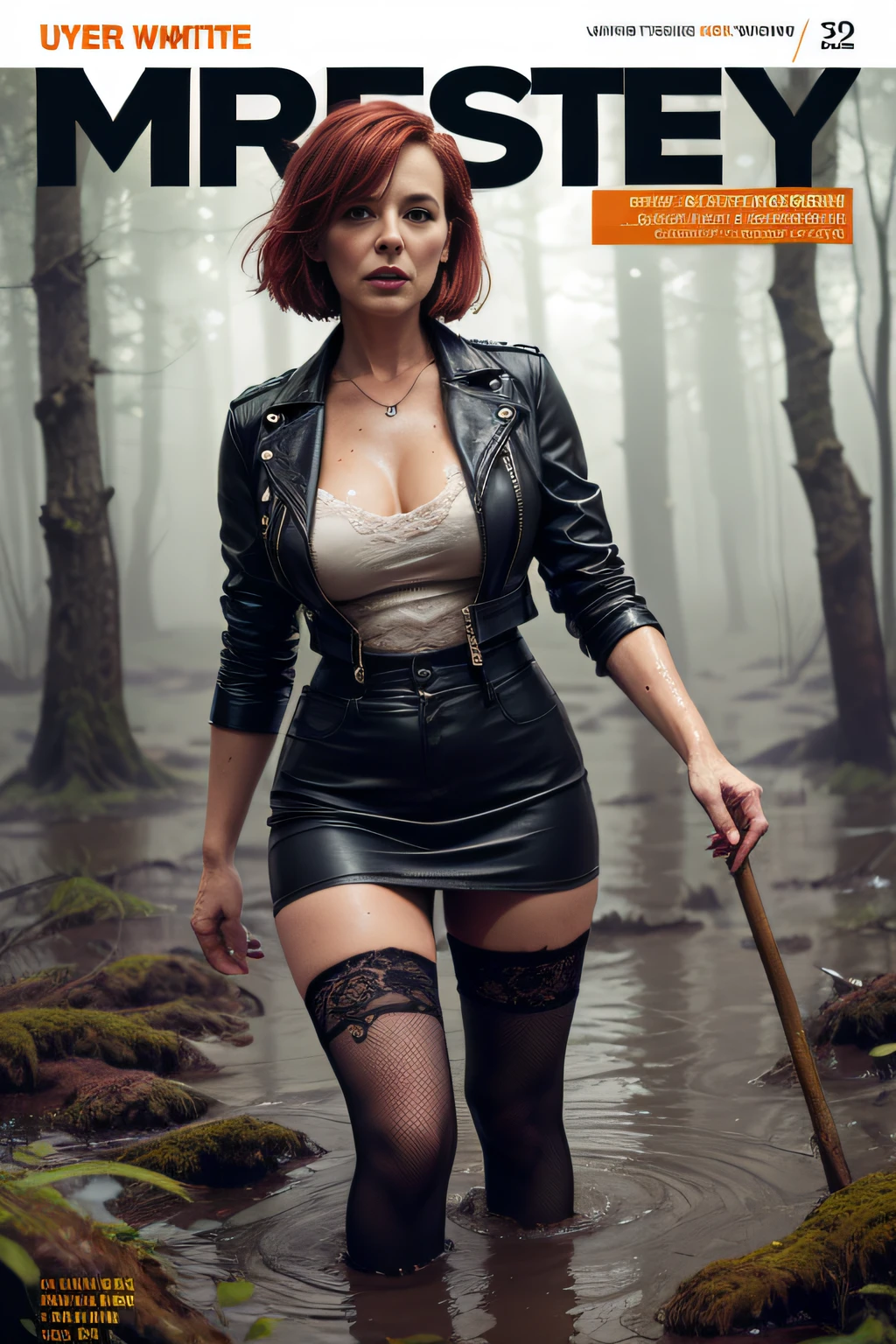 (magazine cover,  Attention-grabbing, heading, stylish, font, memorable, heading, big, Sensation), Hyper-realistic, ultradetailed, tmasterpiece. (Gloomy Forest:1.2). Very mature woman, standingn, (drowning in a bog:1.3). jeans skirt, (lace stockings:1.2), leather jacket, (Pronounced wrinkles:1.3), blouse, pixie cut, Copper-red hair, gloomy ecstasy,