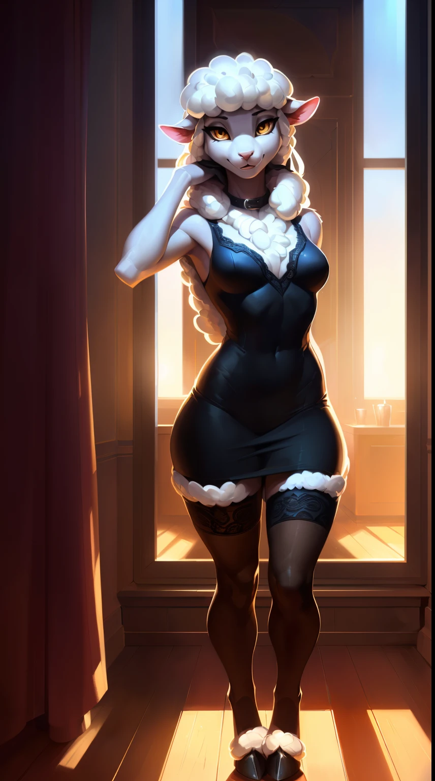 uploaded on e621, by Pixelsketcher, by Bayard Wu, by Thomas Benjamin Kennington, by Einshelm, solo anthro, ((Portrait)), BREAK, ((Wear a black sparkle dress)), (Lace Model Underwear), ((mouth open)), (detailed Bonifasko lighting), Nature Purity, (Detailed fur), (detailed skin), BREAK, (hands on the waist), ((facing viewer with legs spread)), (Cinematic lighting), ((Detailed background)), (half body shadow), [Backlighting], [crepuscular ray], [Detailed ambient light], [gray natural lighting], [ambient light on the belly], (higher wildlife feral detail), [explict content], [sharp-focus], (Questionable content), (shaded), ((Masterpiece), Long curly hair, white hair, wool hair, Average Breasts, pectoral muscles, Fluffy fallow lamb, furry fantasy art, anthro art, commission for high res, Furry art, pov furry art, Sakimichan is beautiful, Masterpiece, small breasts, Best Quality, Detailed image, Bright colors, Detailed Face, perfect  lighting, Perfect shadows, Perfect eyes, focus on girl, flawless face, gorgeous body, dark skin, Hourglass body, shiny body, feet focus, Girl Lan, Fluffy, fluffy woman, Body fur, Animal nose, toned fur, gaze at the viewer, half closed eyes, 1girl, full body, (Masterpiece:1.2), (Best Quality:1.2), (illustartion:1.2), (Cinematic lighting:1.3), Detailed fur, Balanced coloring, Global Illumination, Ray Tracing, good lighting, Fallow lamb, (wool:1.2), short lamb tail, Furry, anthro, showing hips, attractive body, sexy body, looking a viewer, seductive gaze, thick-thighs, fit body, Best Stockings, (hooves), Suggested Pose, Seductive Leg Pose, Dressing room, put on stockings,