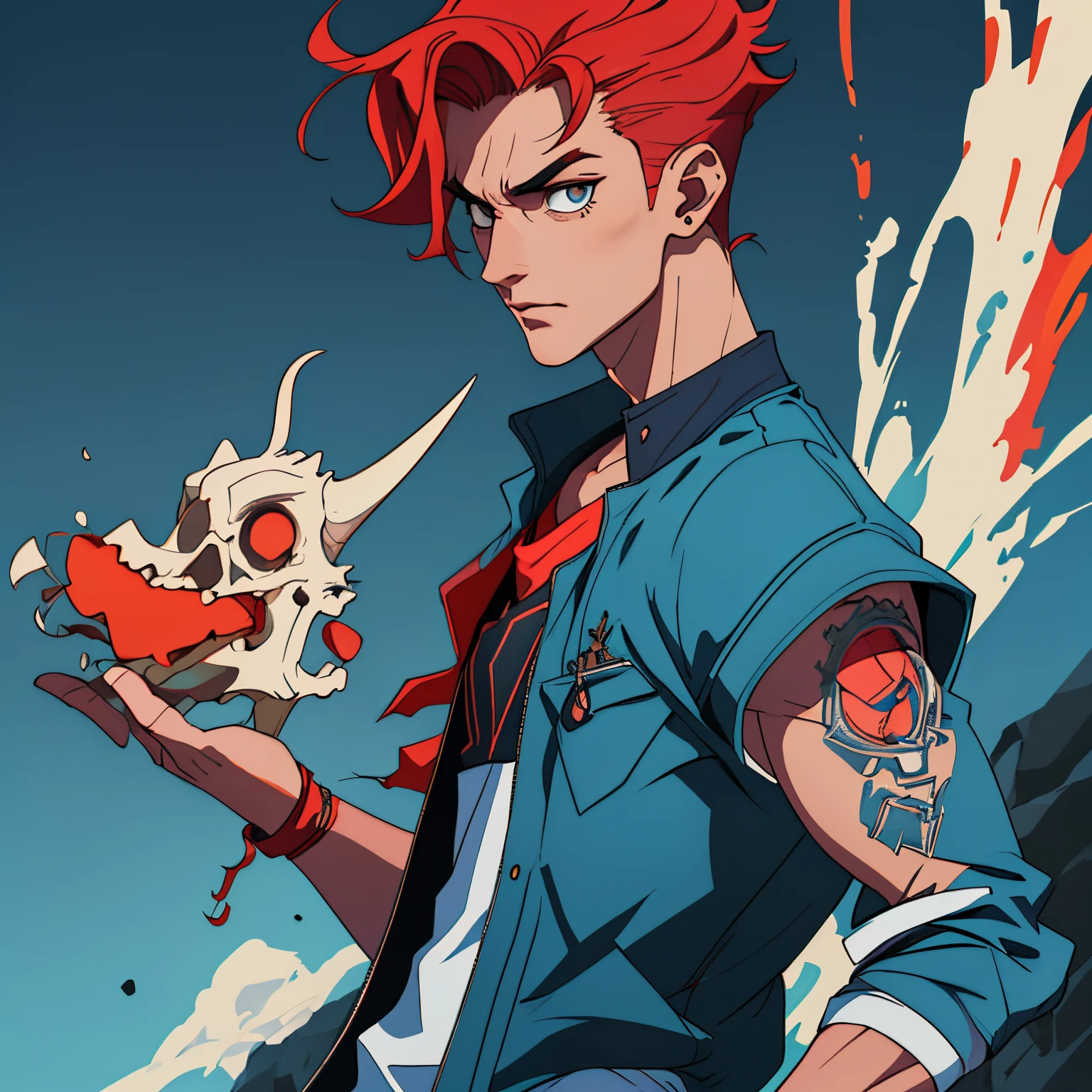 a man very handsome,upper body, sexy,His body is tall and slender,um pouco musculoso,handsome face,your appearance is like a bad boy,bad boy,""spike red hair"",moicano vermelho,em suas orelhas tem alargadores,alargador branco nas orelhas,piercings,eyebrow piercing,roupas estilosas,""blue shirt"",roupa azul com branca,roupa estilosa,""bad boy""