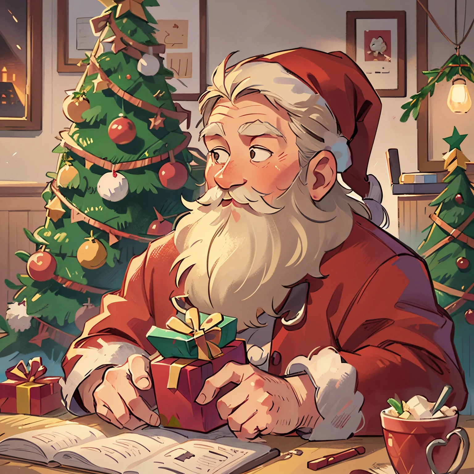 A Santa Claus who is giving presents, night, cartoon illustration style, vintage tones, Christmas tree